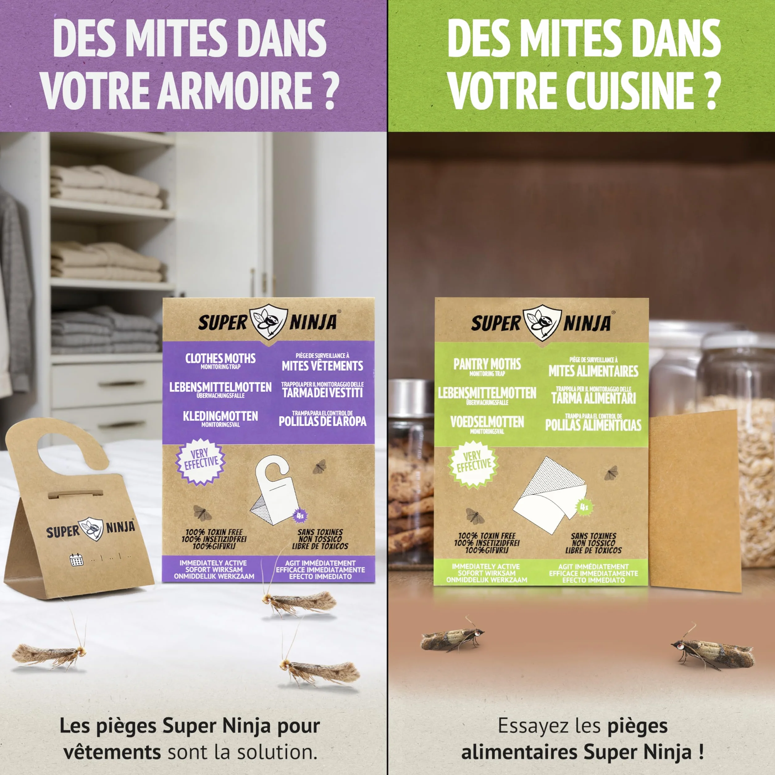 Super Ninja Anti Mites Alimentaires Pack de 4 Pièges avec Phéromone Attractif Cuisine Placards Protection 3 Mois