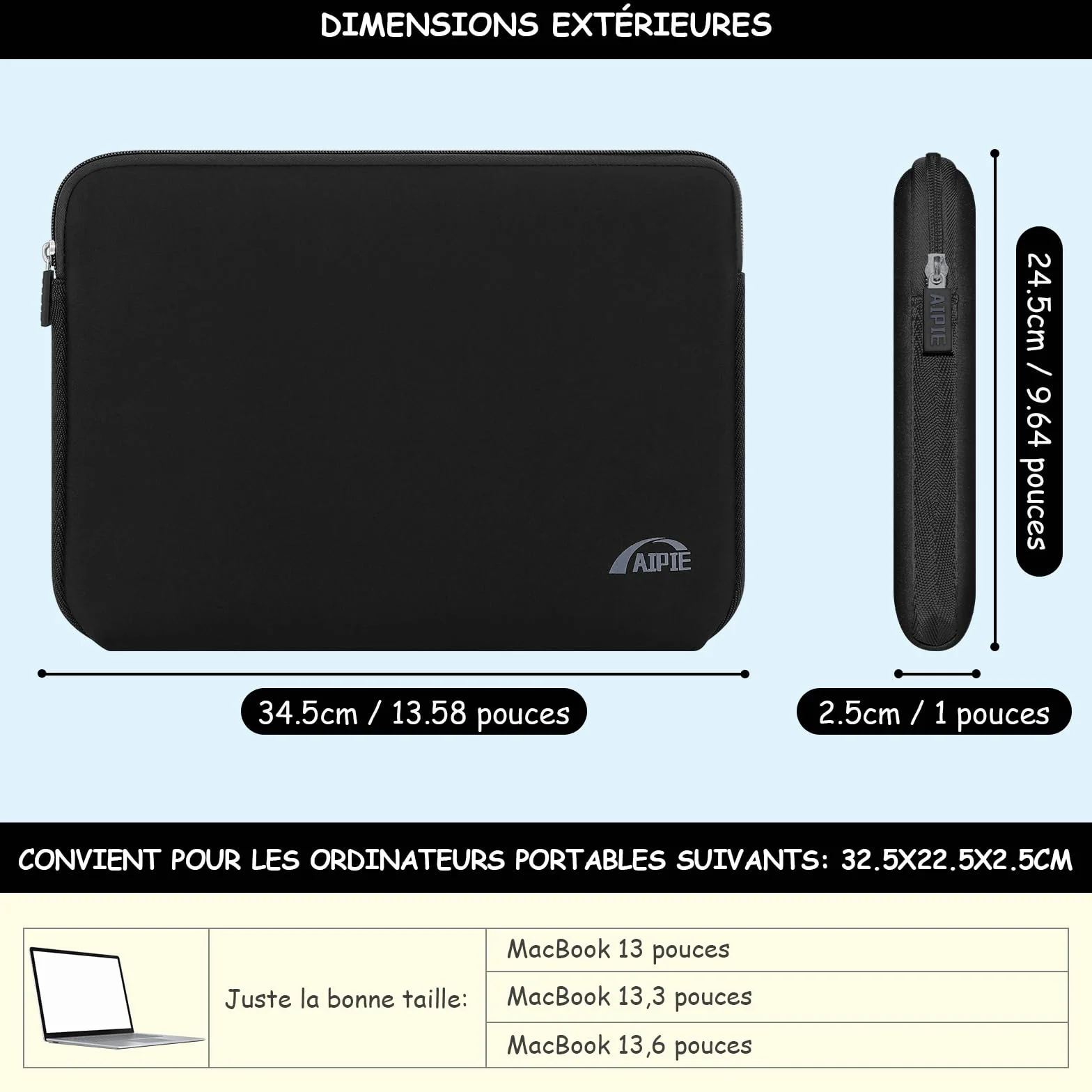 Housses pour MacBook 13 Pouces MacBook Air Pro M1 M2, Surface Pro Sac Pochette de Protection Ordinateur Portable Compatible Apple (32x23x2,5cm, Noir)