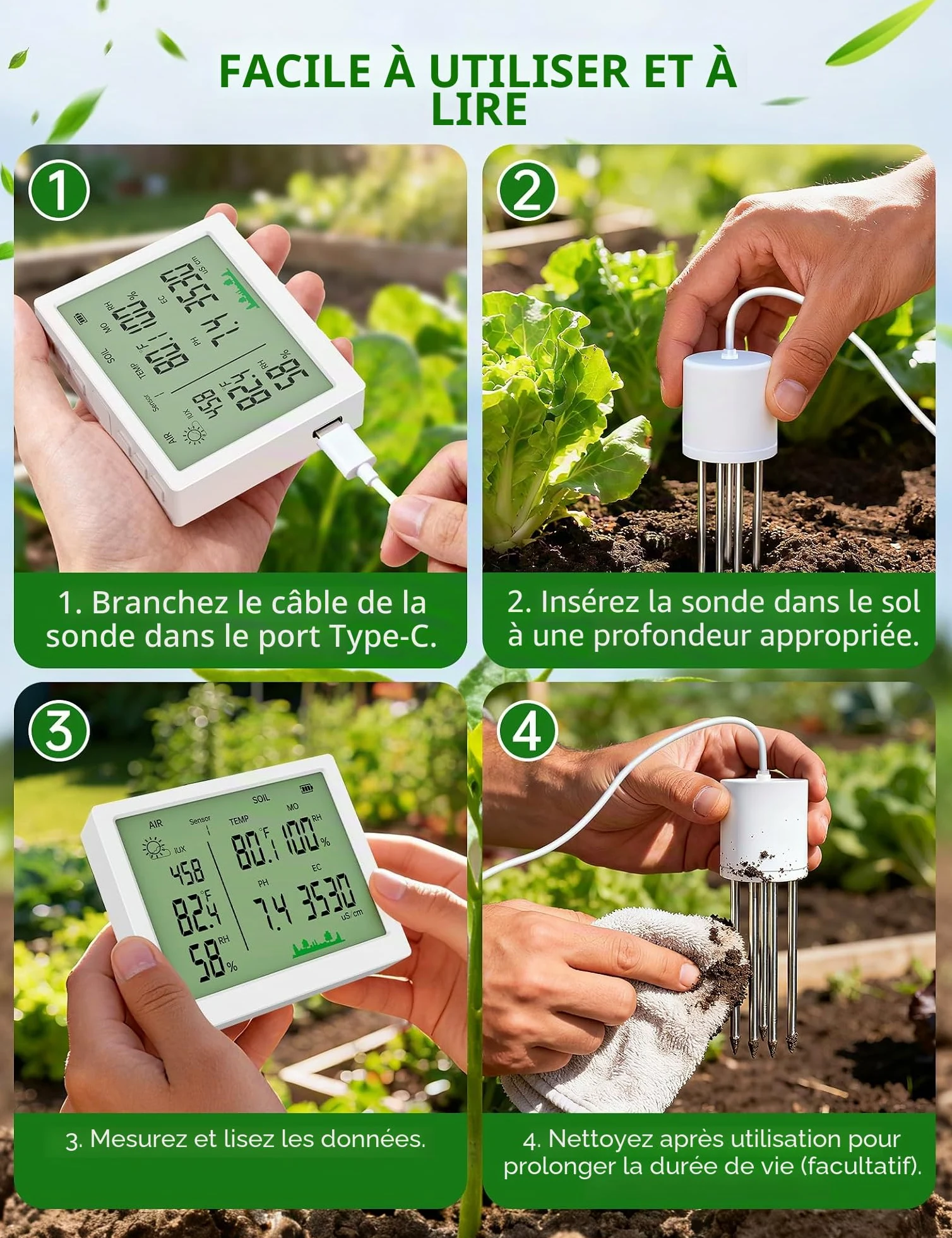EXTSUD Testeur de pH du Sol 7 en 1, Testeur pour Humidité/Fertilité/pH/Température/Lumière/Humidité Ambiante/Température Ambiante, Humidimetre Hygrometre pour Pot de Fleurs Plante Jardin Ferme Cour