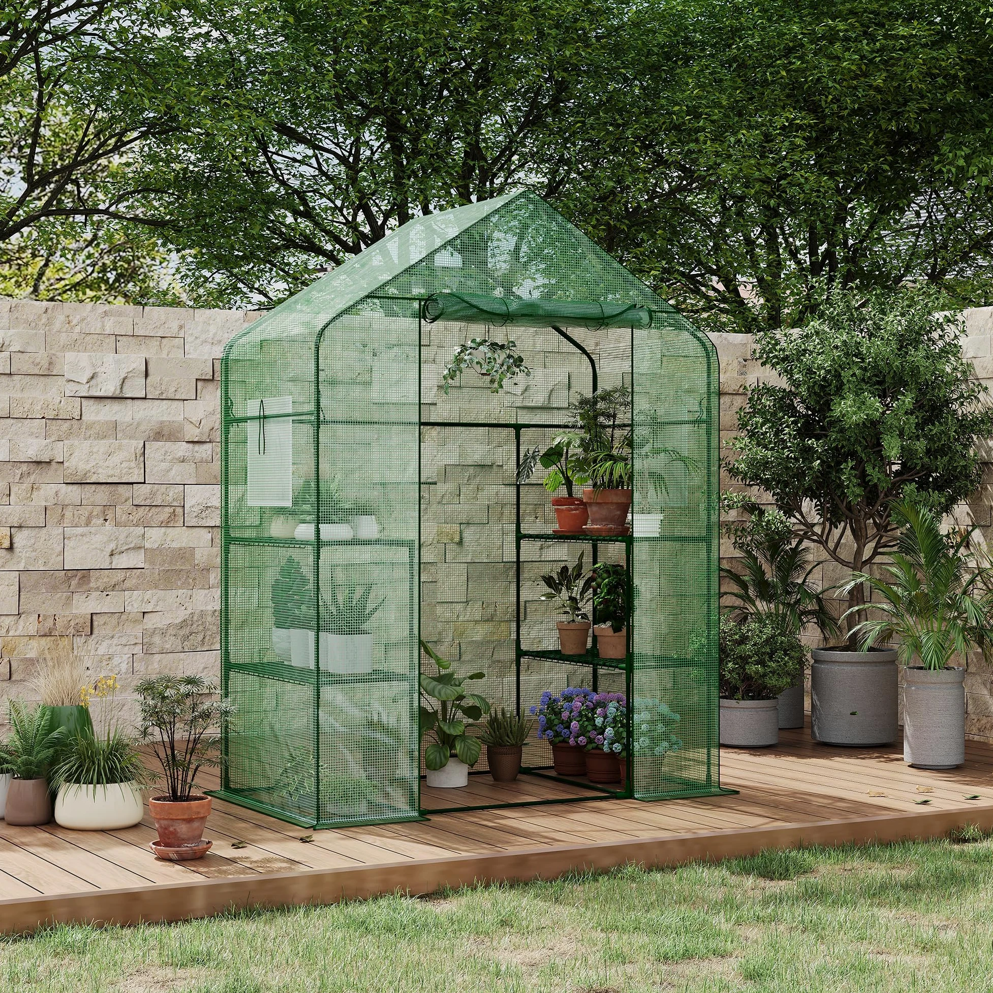 Garvee Serre de jardin à abri Walk-in, 143 x 73 x 195 cm, serre pour plantes avec couverture en polyéthylène 140 g, imperméable et structure en acier, 4 étagères amovibles, 1 porte et 2 fenêtres, vert