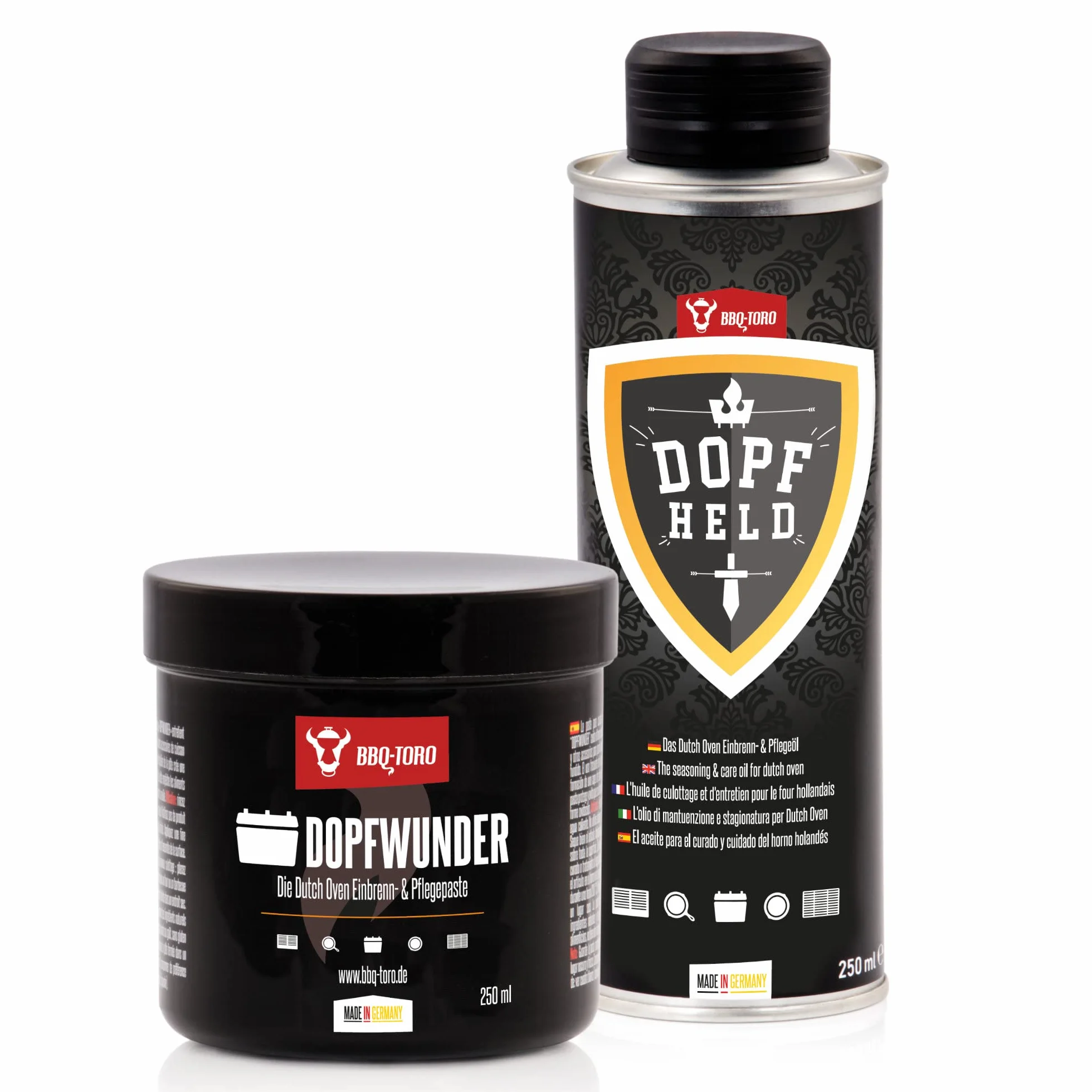 BBQ-Toro Set d'entretien Dutch Oven DOPFWUNDER 250 ml DOPFHELD 250 ml Huile entretien Gril Fonte