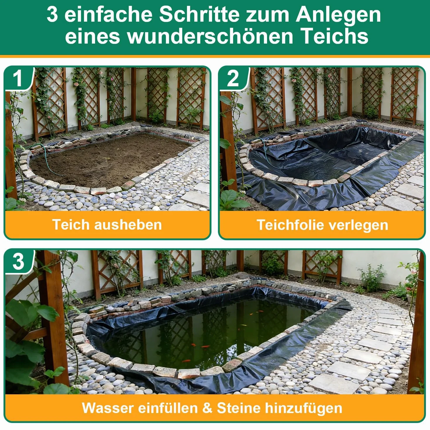 Bâche pour bassin - 3 x 4 m - Noir - 0,5 mm - PEHD - Haute résistance à la traction - Pour bassins à poissons, étangs de natation et projets de jardin