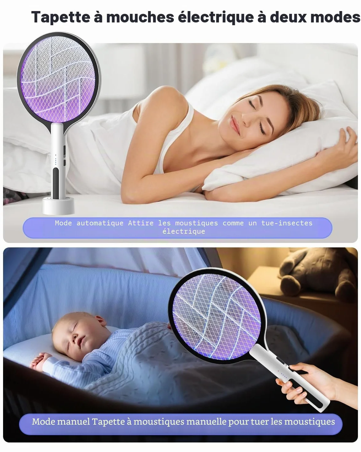 DEEZEE Raquette à mouches électrique 4500V rechargeable 2 en 1 portable tueur de moustiques violet 3 couches de sécurité