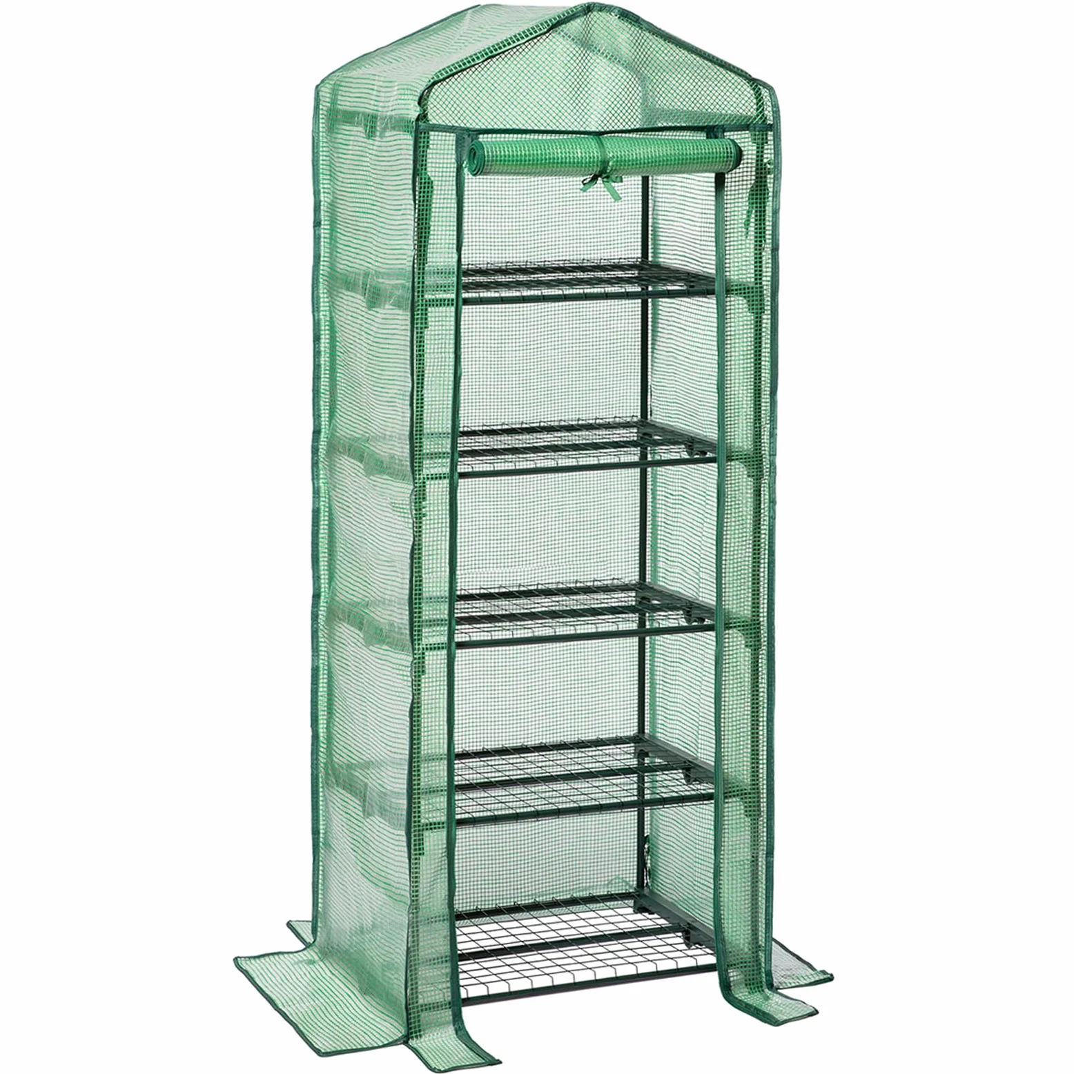 LARMNEE Mini Serre de Jardin 5 Étagère Grillagées, Cadre métallique et 140 g/m² PE Film Amovible, Porte Enroulable, Stable, Intérieur, Balcon, Terrasse, Jardin, 69 x 49 x 193 cm, Vert EGN05GH02
