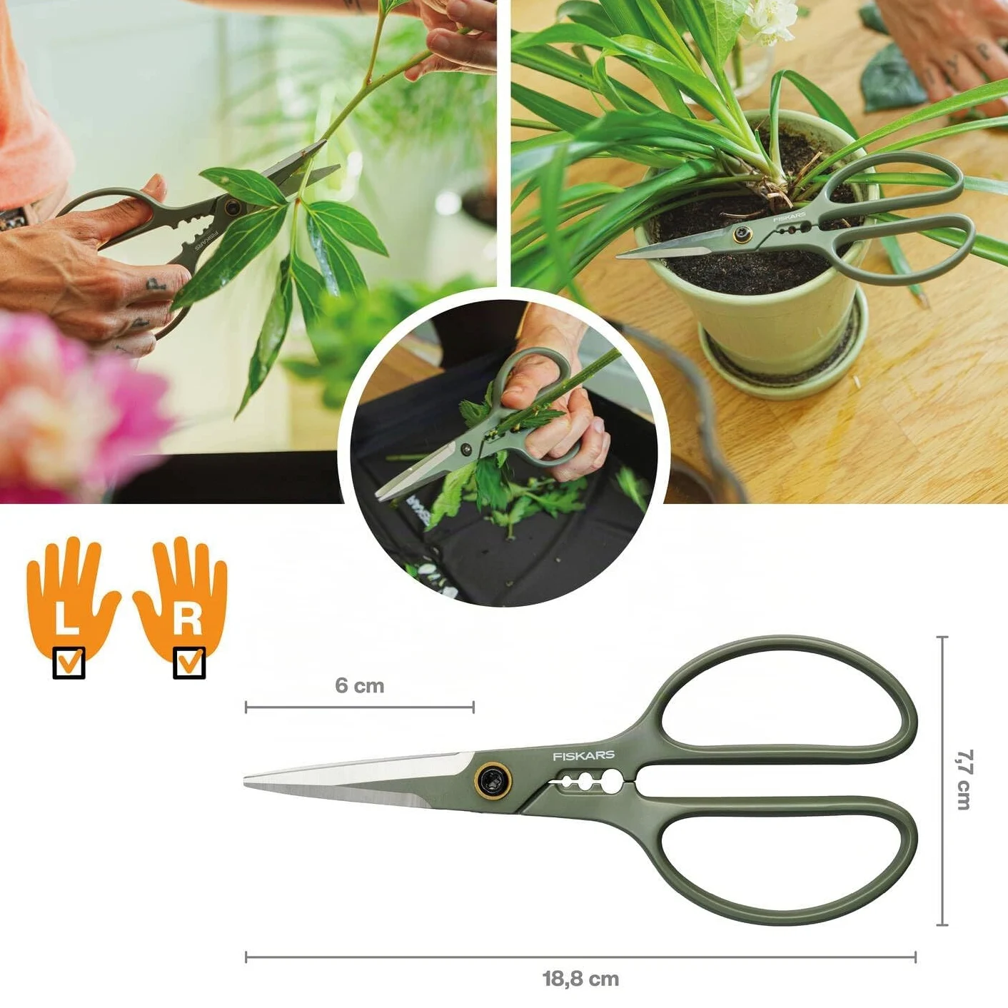 Fiskars Kit de Taille 3 Outils, Jardinage d'Intérieur | Sécateur de Précision, Sécateur et Cisailles pour Plantes avec Support, Acier Inoxydable/Plastique, Vert Foncé/Noir, 1075317