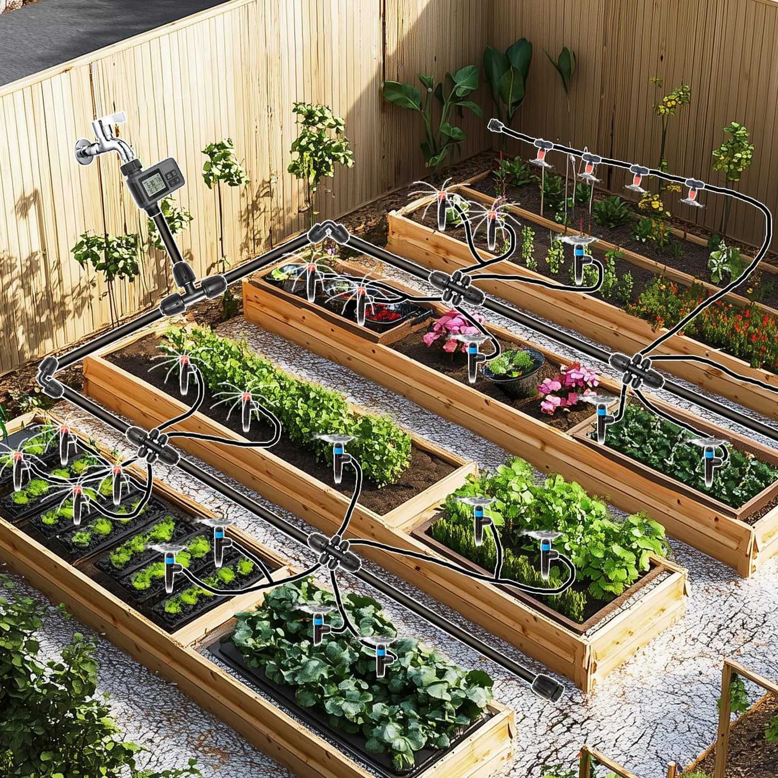 Système d'irrigation goutte à goutte de 71 m avec minuterie pour kit de jardin, équipement d'irrigation automatique, raccords de verrouillage, micro goutte à goutte, pulvérisateur ventilateur à 360