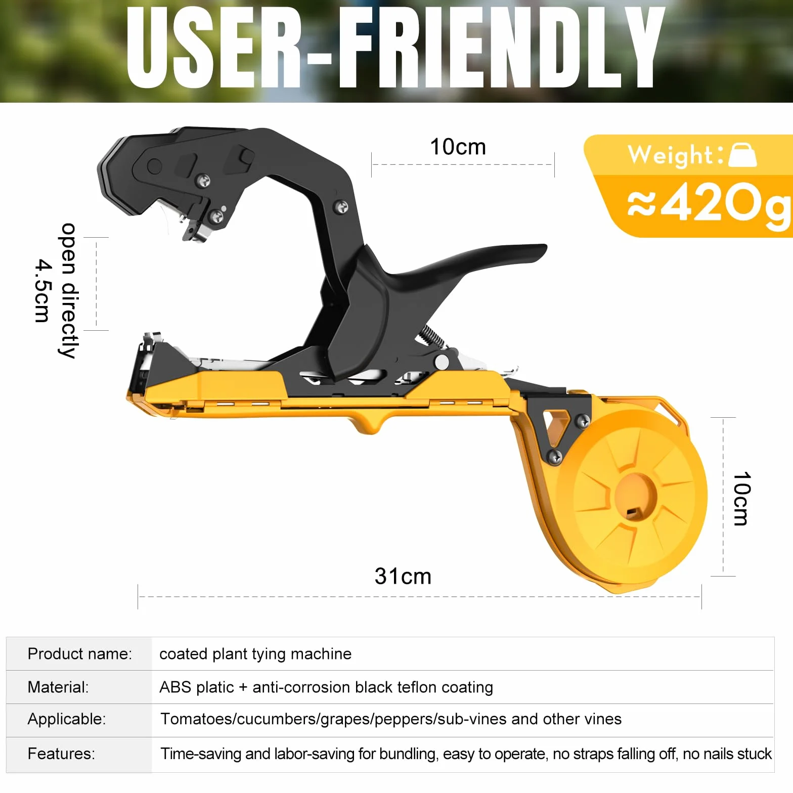 Machine à Attacher Les Plantes, 420g Outil pour Ruban de Jardin pour Attacher Les Branches des Plantes, avec 10000pcs Agrafes 20 Rouleaux Ruban SJ-8108 (Jaune)