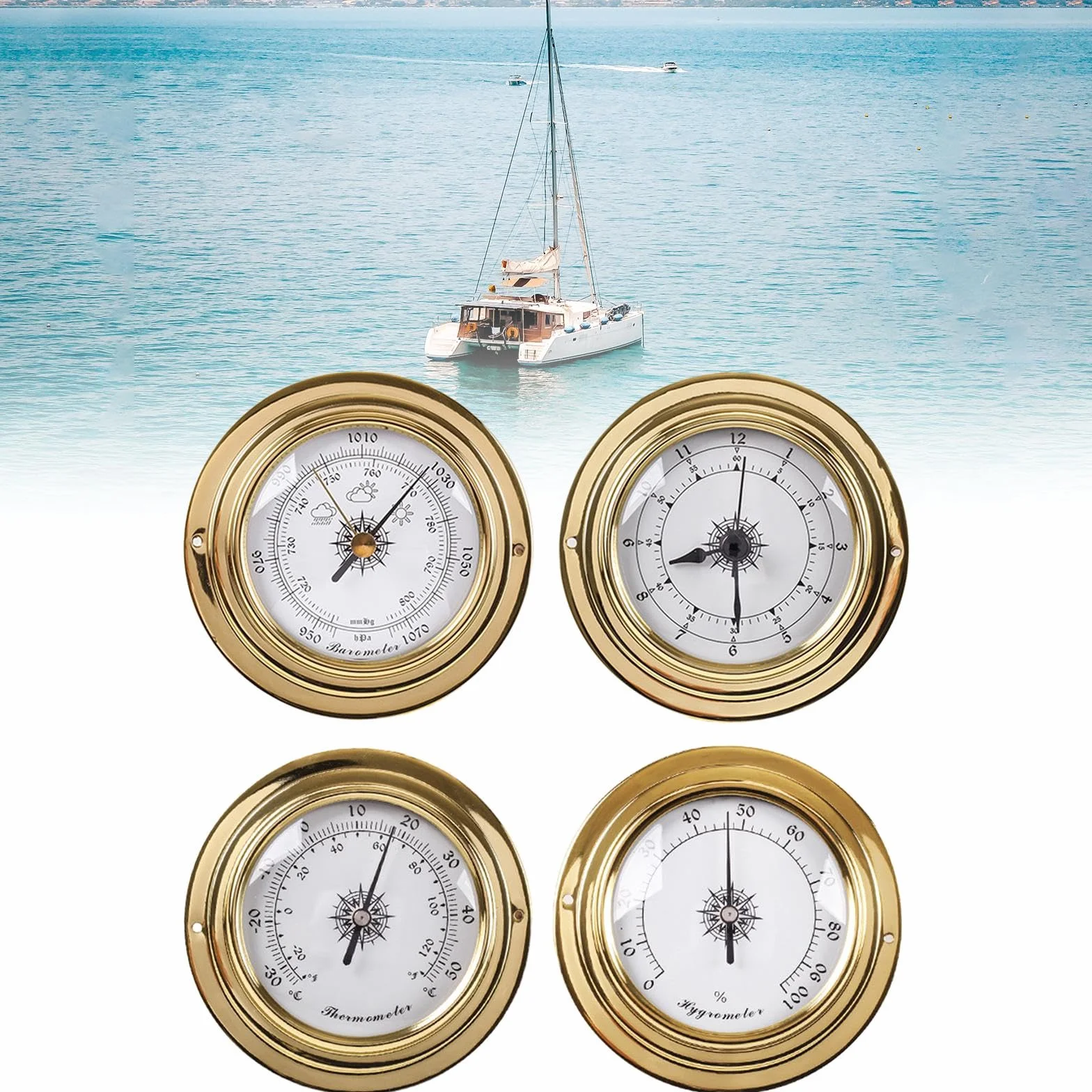 rockible Thermomètre et Hygromètre, Baromètre, Horloge, Stations Météorologiques, Dia 98mm, Instruments de Voile pour Bateau, Yacht, Atelier, Marine, 4 Pièces