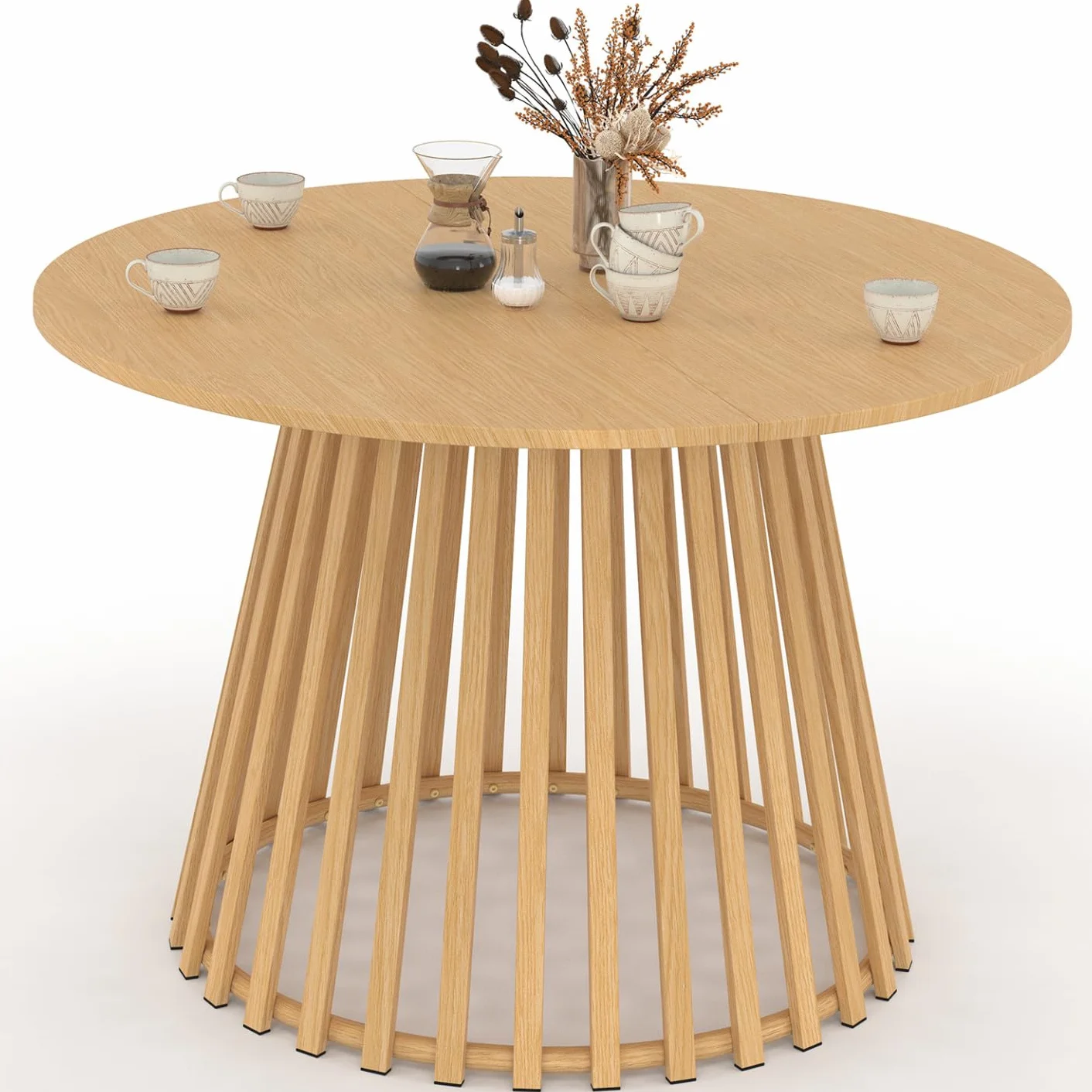 Table de Jardin Ronde SOLAL 120 cm 6 Personnes Pied Lattes Métal Effet Bois