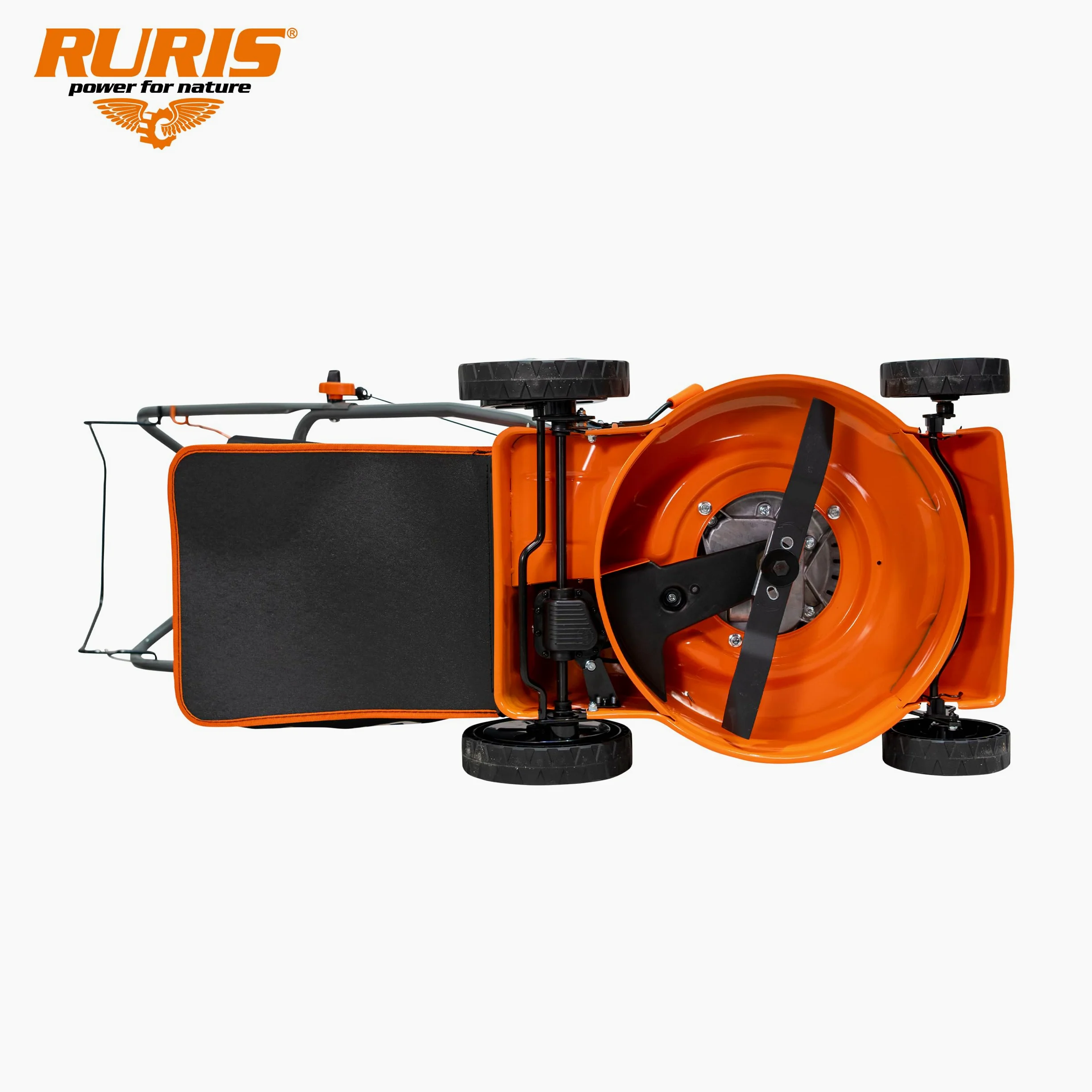 RURIS Tondeuse à Gazon Thermique Autotractée DAC 110XLS – Moteur 3,3 CV 131 CC, Largeur de Coupe 400 mm, Hauteur réglable 25-65 mm, bac 45 L, éjection arrière, châssis en métal