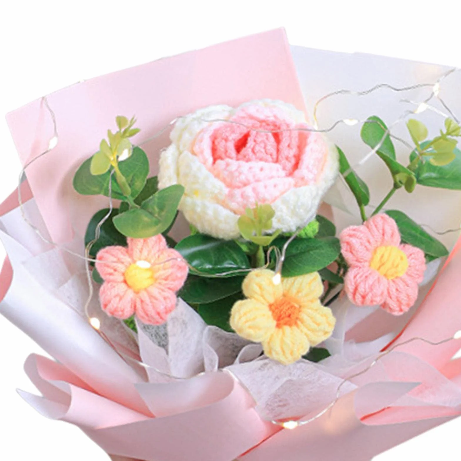 Bouquet de Fleurs Crochet Rose Tissé à la Main Polyvalent Ornement Tricoté Fête des Mères