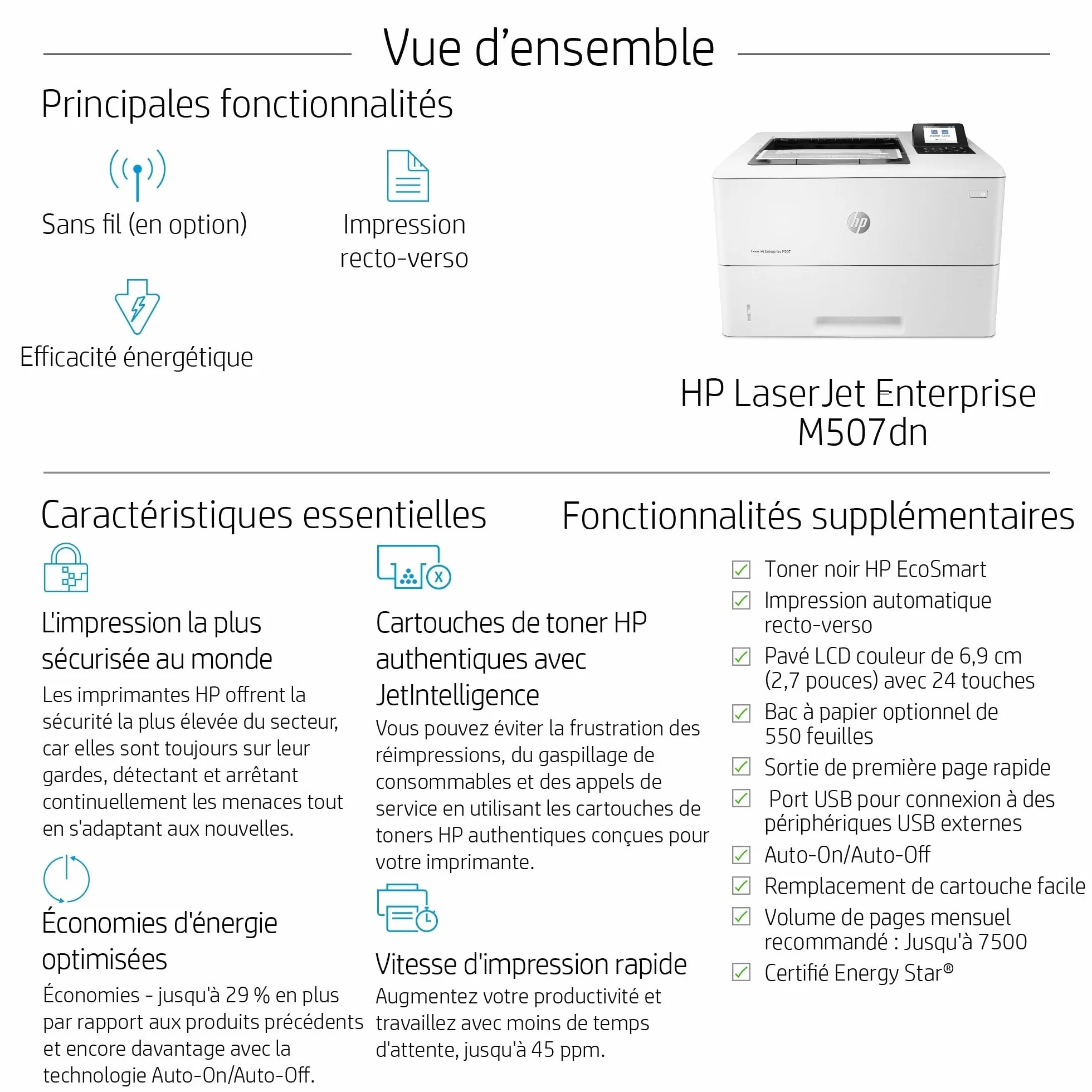HP LaserJet Enterprise M507dn Imprimante Monofonction A4 Noir et Blanc Recto Verso Automatique 50 ppm USB Gigabit Ethernet