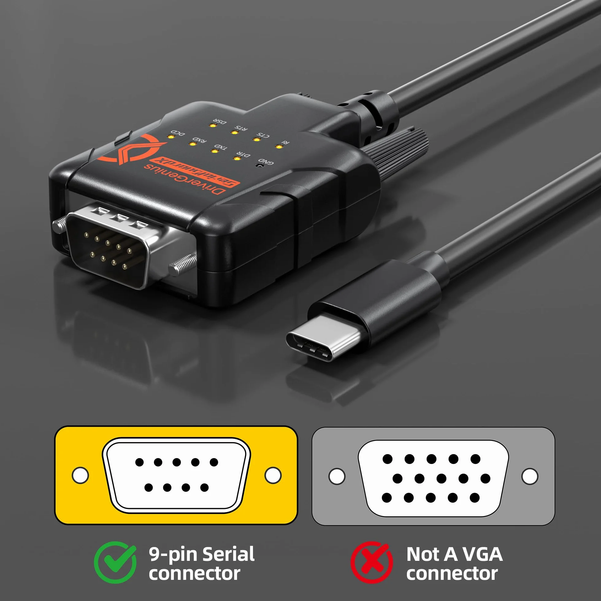 Adaptateur USB-C vers RS232 DB9 Série, Puce FTDI, 9 LED d’Indication, pour PLC et Équipements Industriels, Windows macOS Linux