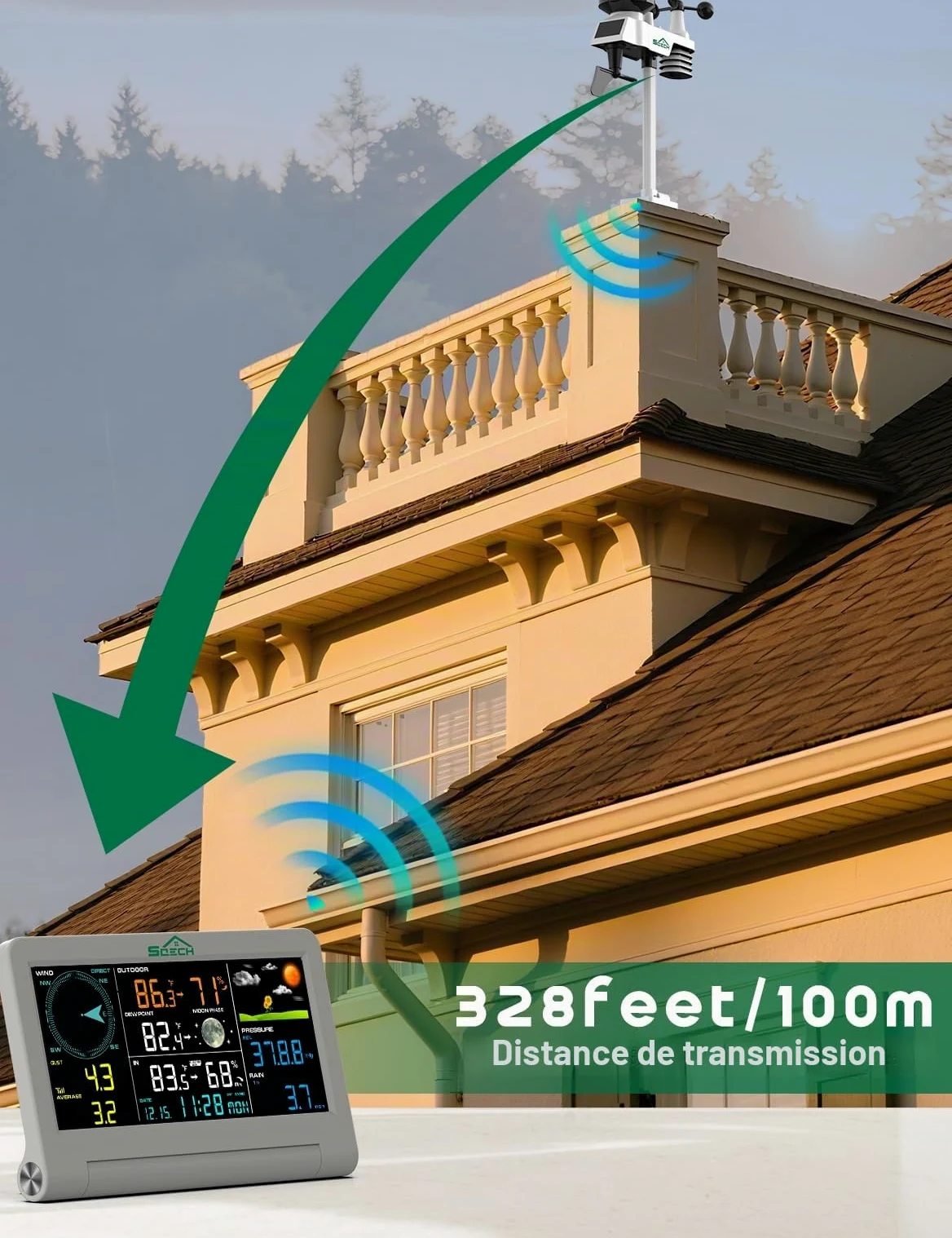 SQECH Station Meteo Interieur Exterieur Sans Fil Avec Capteur 7 en 1 | Stations Météo Professionnelle Avec Prévisions Météorologiques, Température, Humidité, Pluviomètre, Vent