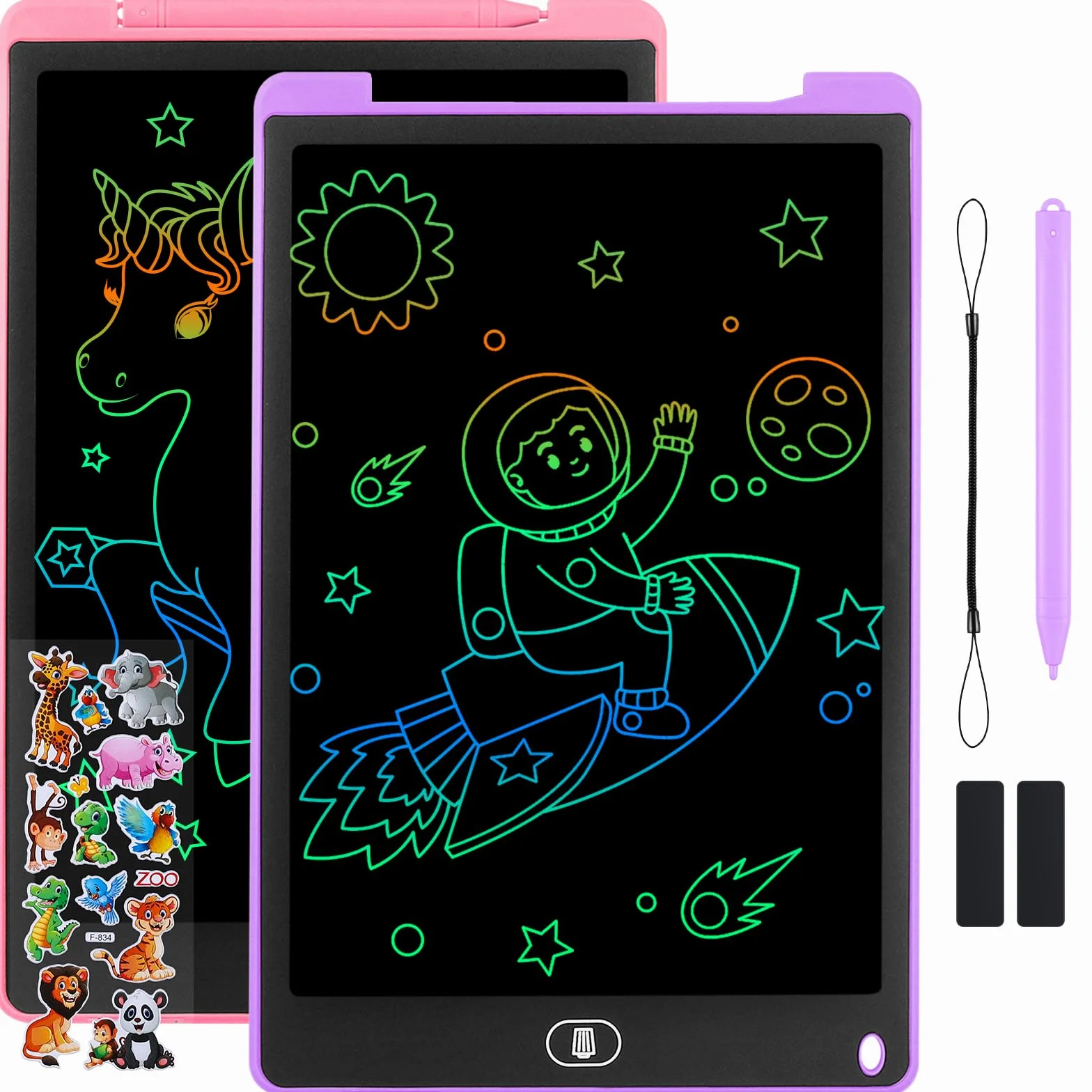 Tablette D'écriture LCD 13 Pouces Écran Coloré Effaçable avec Autocollants Animaux Rose Violet 2 Pack
