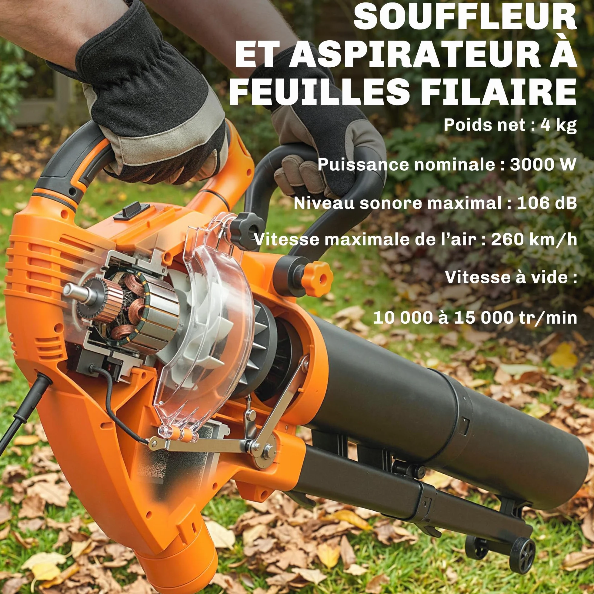 Outsunny Aspirateur-Souffleur de Feuilles Filaire 3000W 3-en-1 avec Fonction Broyage, Sac 40L