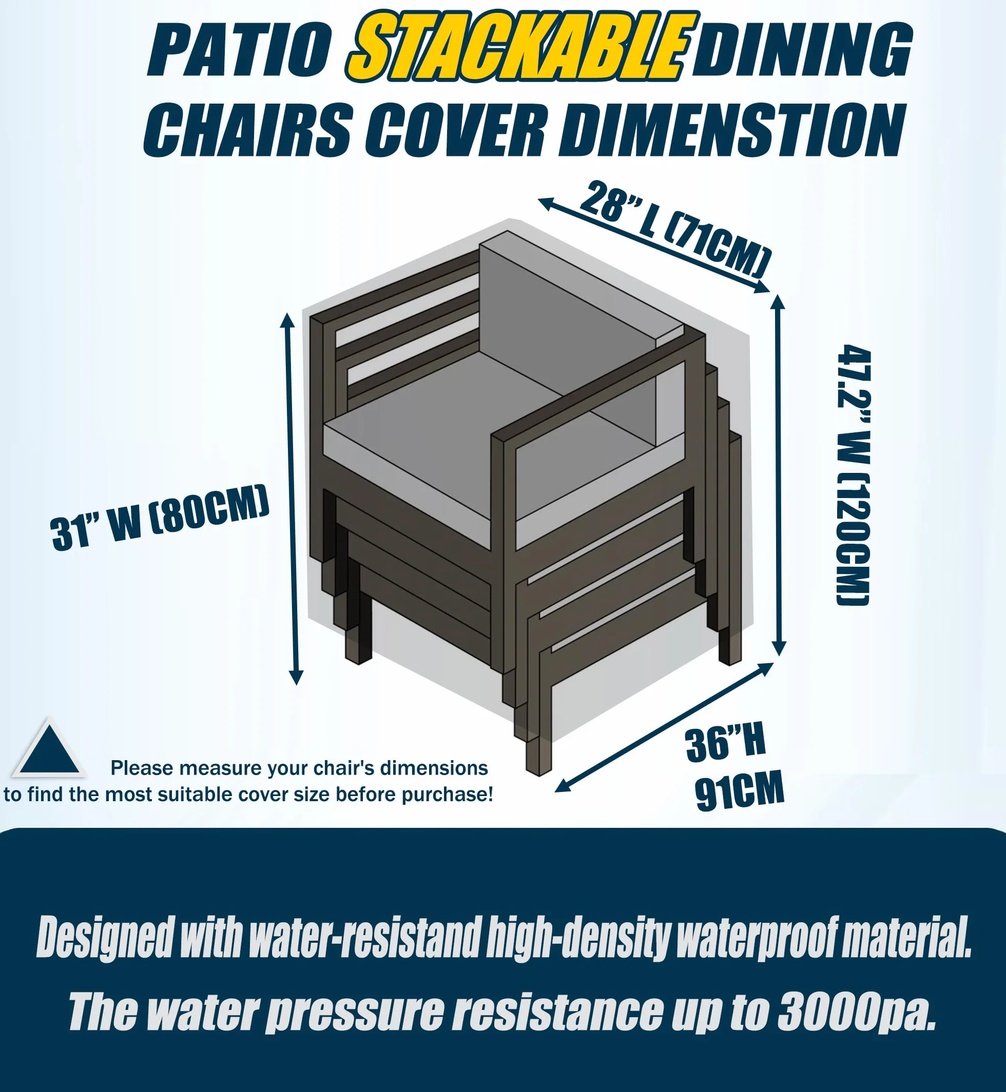 Housse de Protection pour Chaises de Jardin Empilables Imperméable, Tissu Oxford 600D, 71x91x80/120cm, Noir
