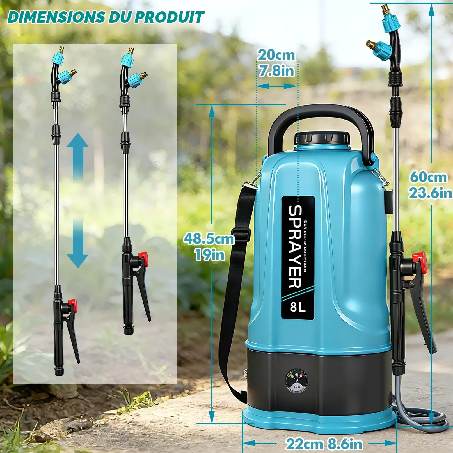 Pulverisateur Electrique 8L,45PSI Pulvérisateur de Jardin Compatible avec Makita 12V Batteries,Pulvérisateur à Batterie avec 5 Buses Reglables,Lance Télescopique,2.0 Ah Batterie,Chargeur