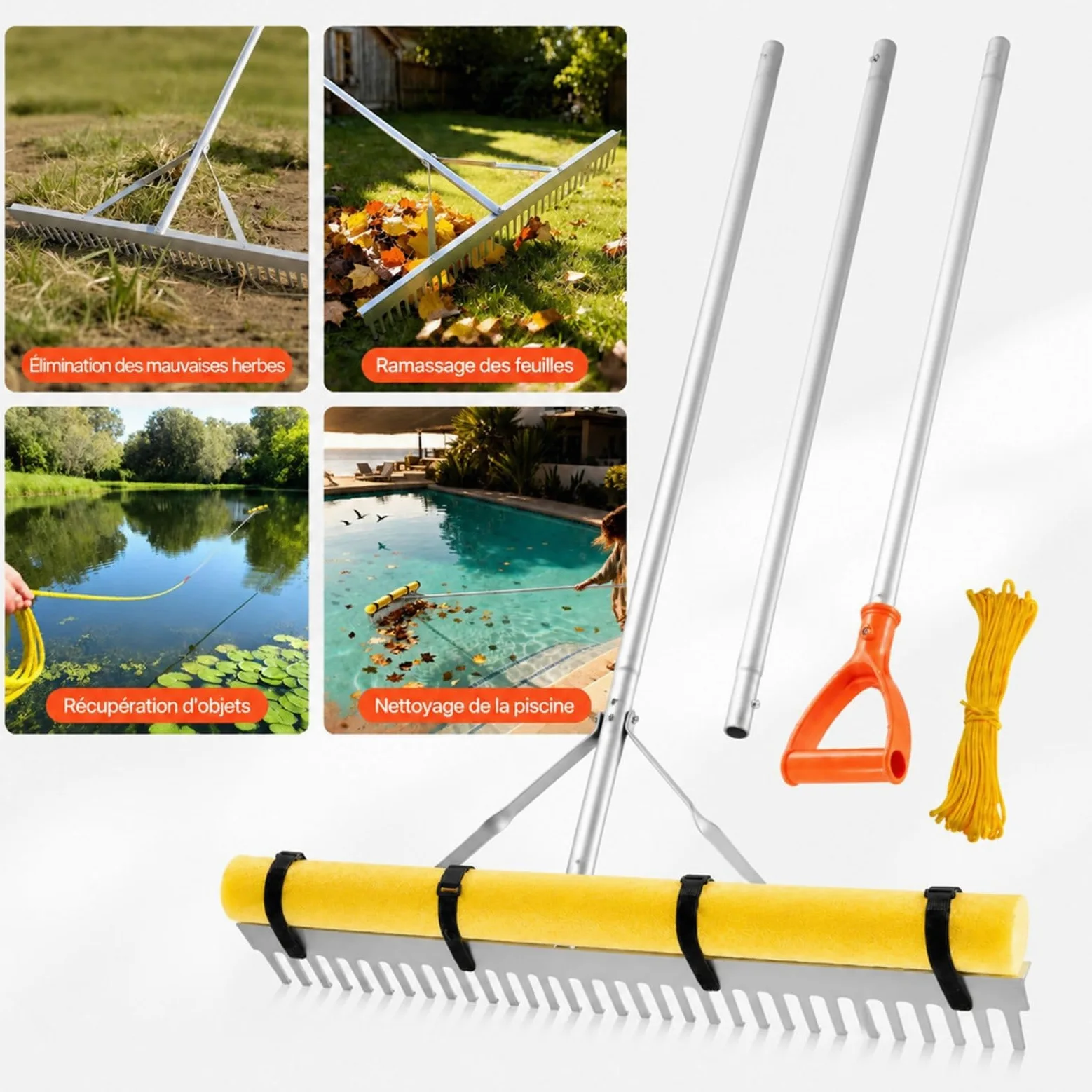 Râteau en Aluminium pour Feuilles et Mauvaises Herbes Aquatiques, Outil Manuel avec Manche et Corde pour Bassin, Piscine, Jardin et Nettoyage des débris flottants