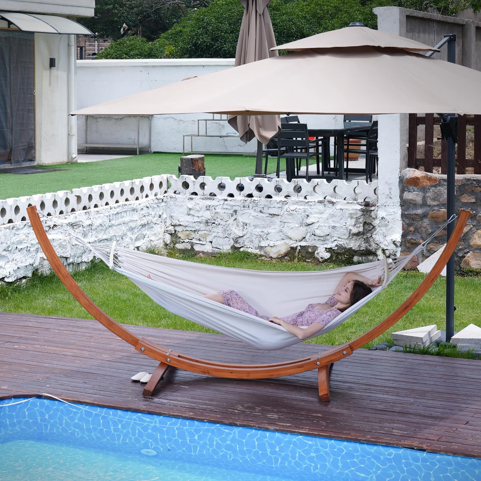 Hamac avec Support en Bois, 320×120 cm, 2 Hamacs, Charge 200 kg | Bois de pin massif, réglable en hauteur, structure stable extérieur