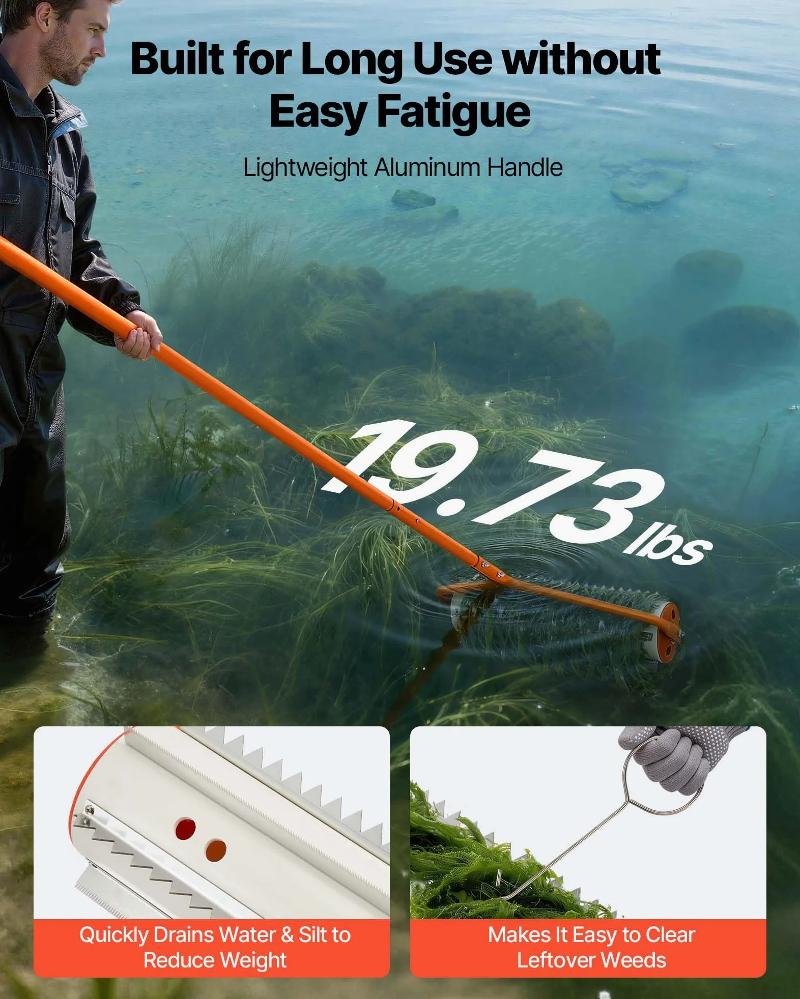 VEVOR Rouleau Désherbeur Aquatique 6,09 m, Outil Coupe Herbes pour Étang et Lac, Élimination des Herbes Racines et Vase, Manche Réglable en 6 Sections en Aluminium, 6 Lames Dentées en Acier Inoxydable