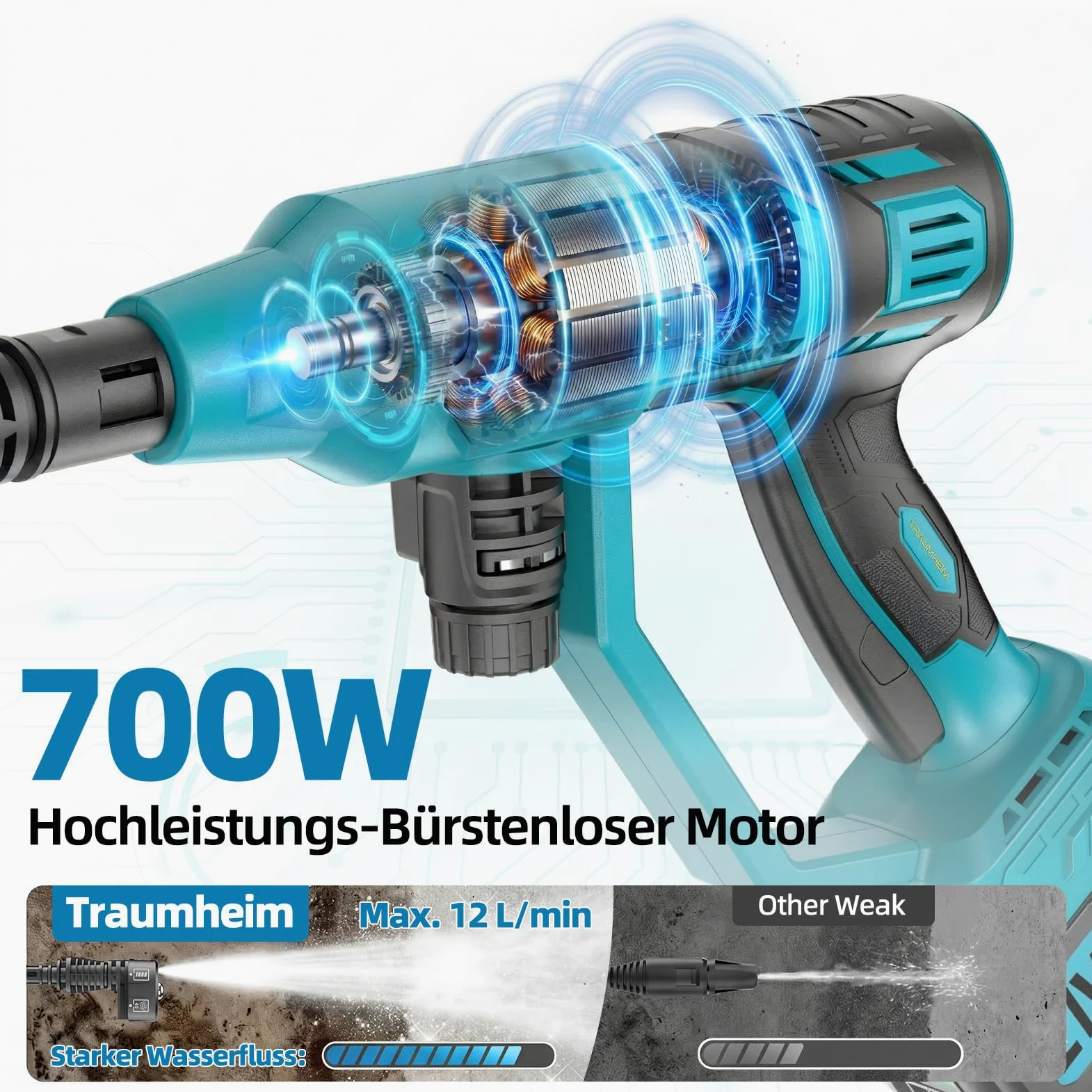 Nettoyeur haute pression sans fil, mode 4 vitesses, max 150 bar, Hydro Blast, nettoyeur haute pression mobile multifonction avec 2 batteries de 4,0 Ah, buse 6 en 1 et rotation à 180° pour voitures