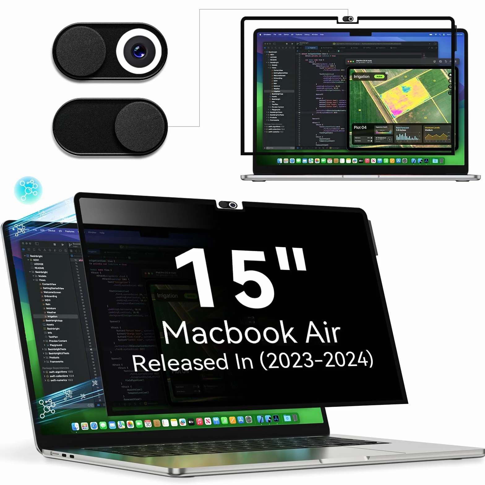 Filtre de Confidentialité MacBook Air 15 Pouces 2023-2026 M2 M3 M4 M5 Amovible Anti Espion Lumière Bleu