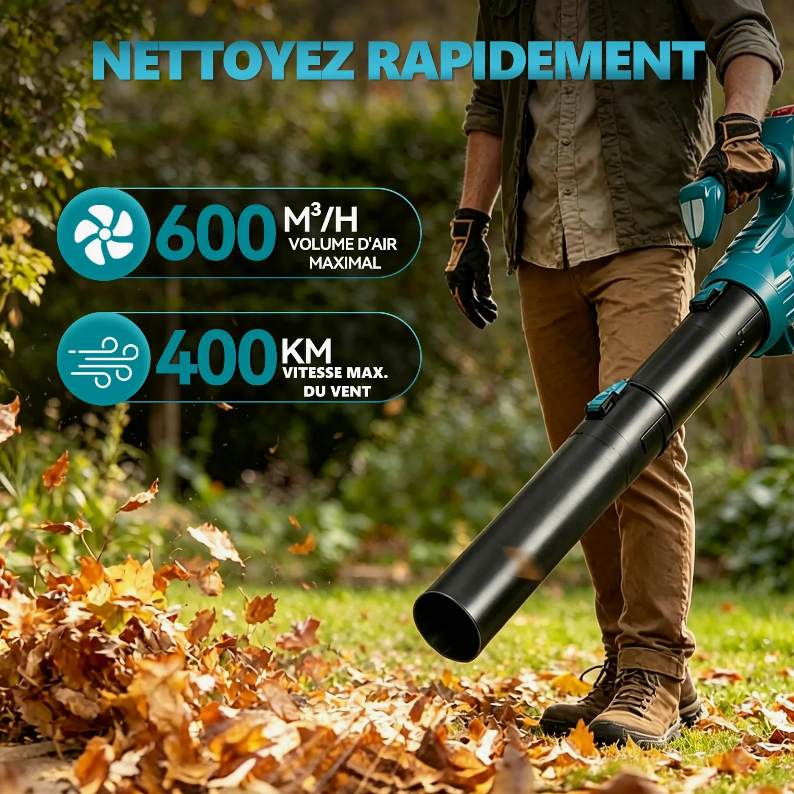 Yofidra Souffleur de Feuilles sans Fil, 400 km/h, 6 Vitesses | 25000 TR/Min Motor sans Balais, 2 × 4.0Ah Batteries, Souffleur sur Batterie pour Jardin, Feuilles, Poussière et Neige