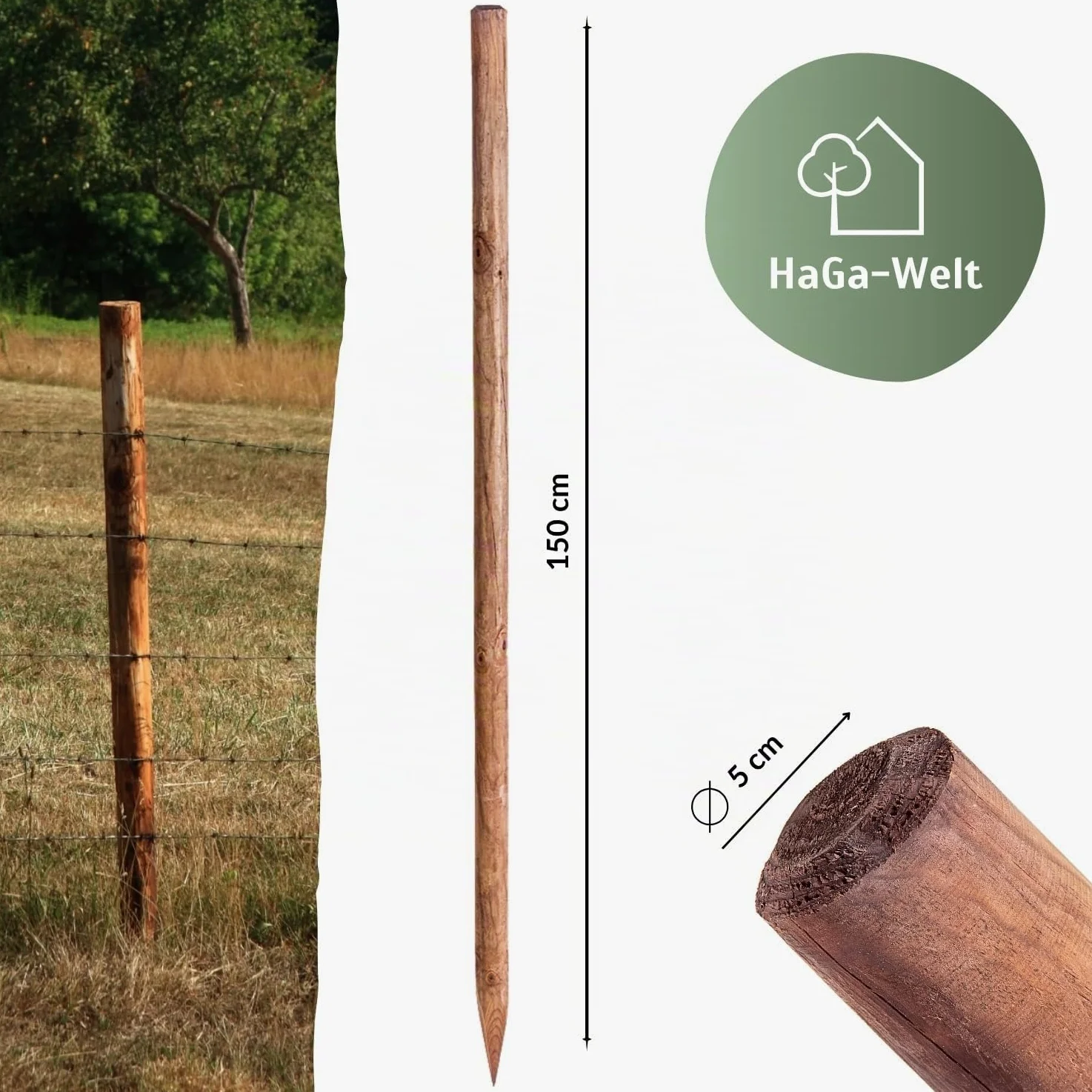 HaGa® Lot de 10 piquets en bois de pin - Diamètre : 5 cm - Hauteur : 150 cm - Résistant aux intempéries