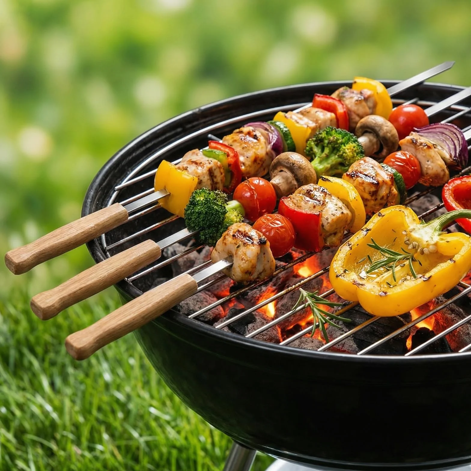 Brochettes barbecue acier inoxydable 410 44cm réutilisables manche chêne 8 pièces