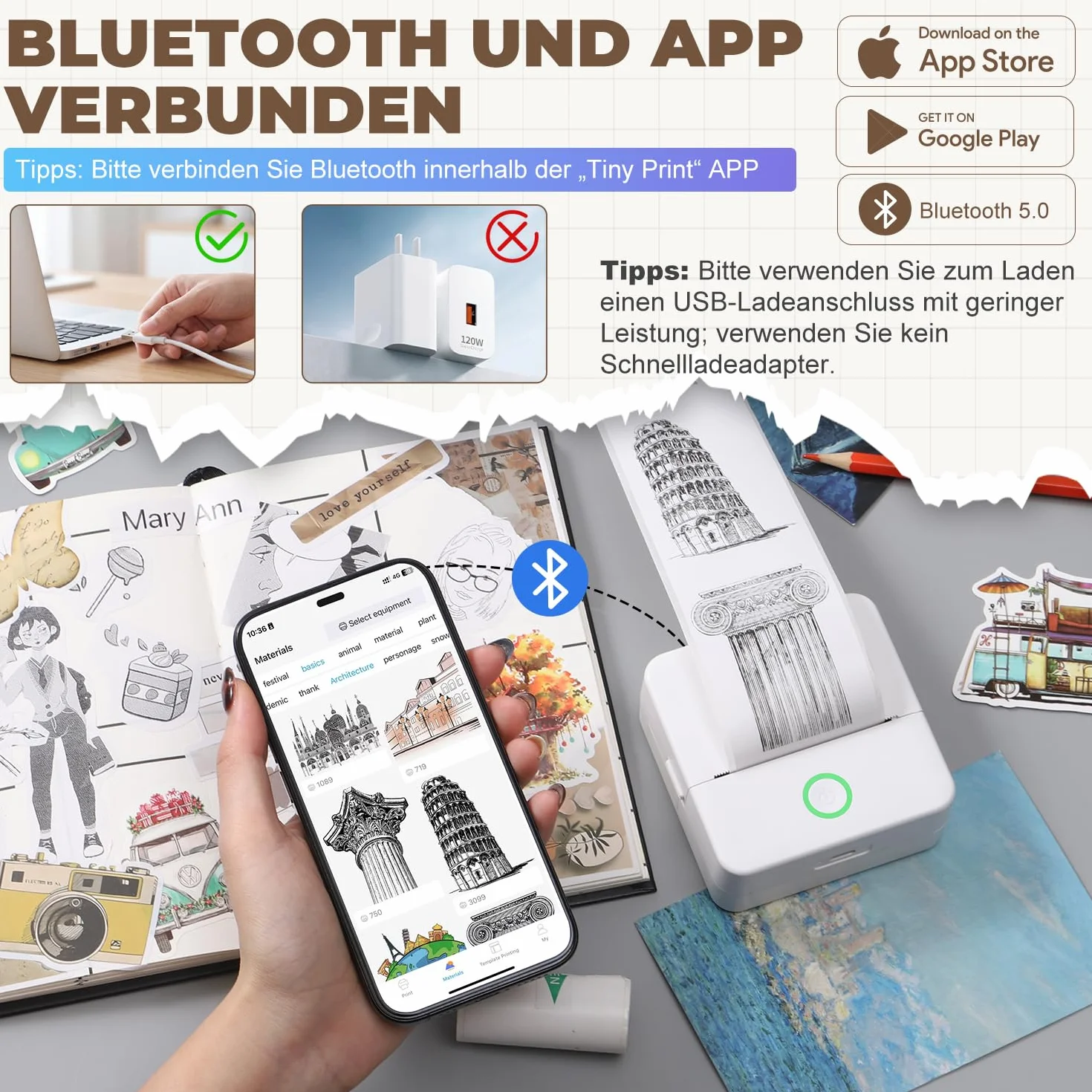 Mini imprimante photo portable Bluetooth avec 10 rouleaux de papier thermique, compatible iOS Android (blanc)