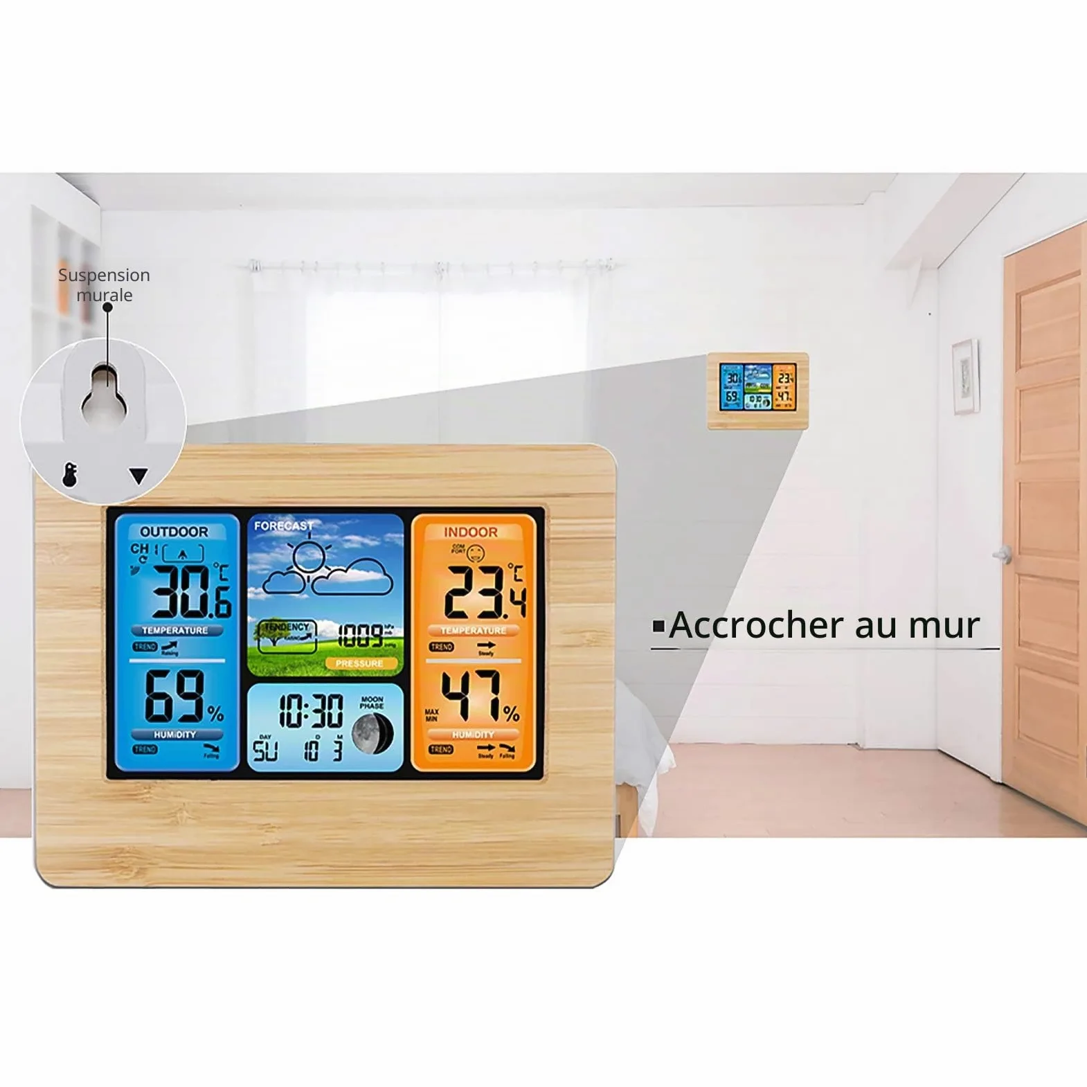 ALLOMN Stations Météo Sans Fil avec Capteur Intérieur Extérieur, Station Météo Numérique LCD avec Alerte/Température/Humidité/Barométrique/Prévisions/Réveil pour Maison Bureau Jardin (RF Jaune)