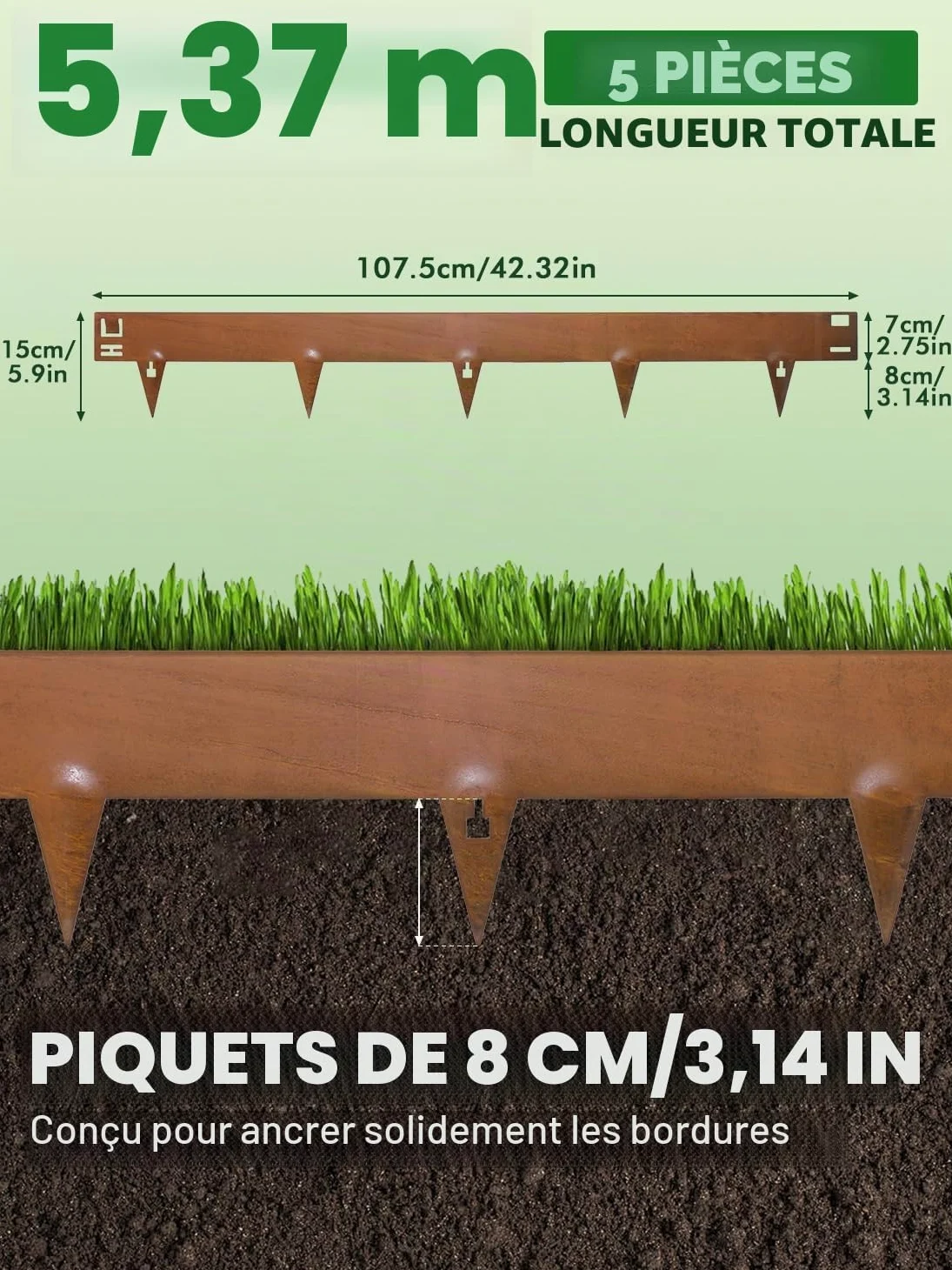 Sararoom Bordure de Jardin en Acier, Lot de 5 Bordure de Pelouse en Métal, Bordures Paysagères Flexible | Hauteur 15 cm, Bordure de Gazon en Rouille pour Séparateur de Chemin de Cour, Pelouse, Arbre