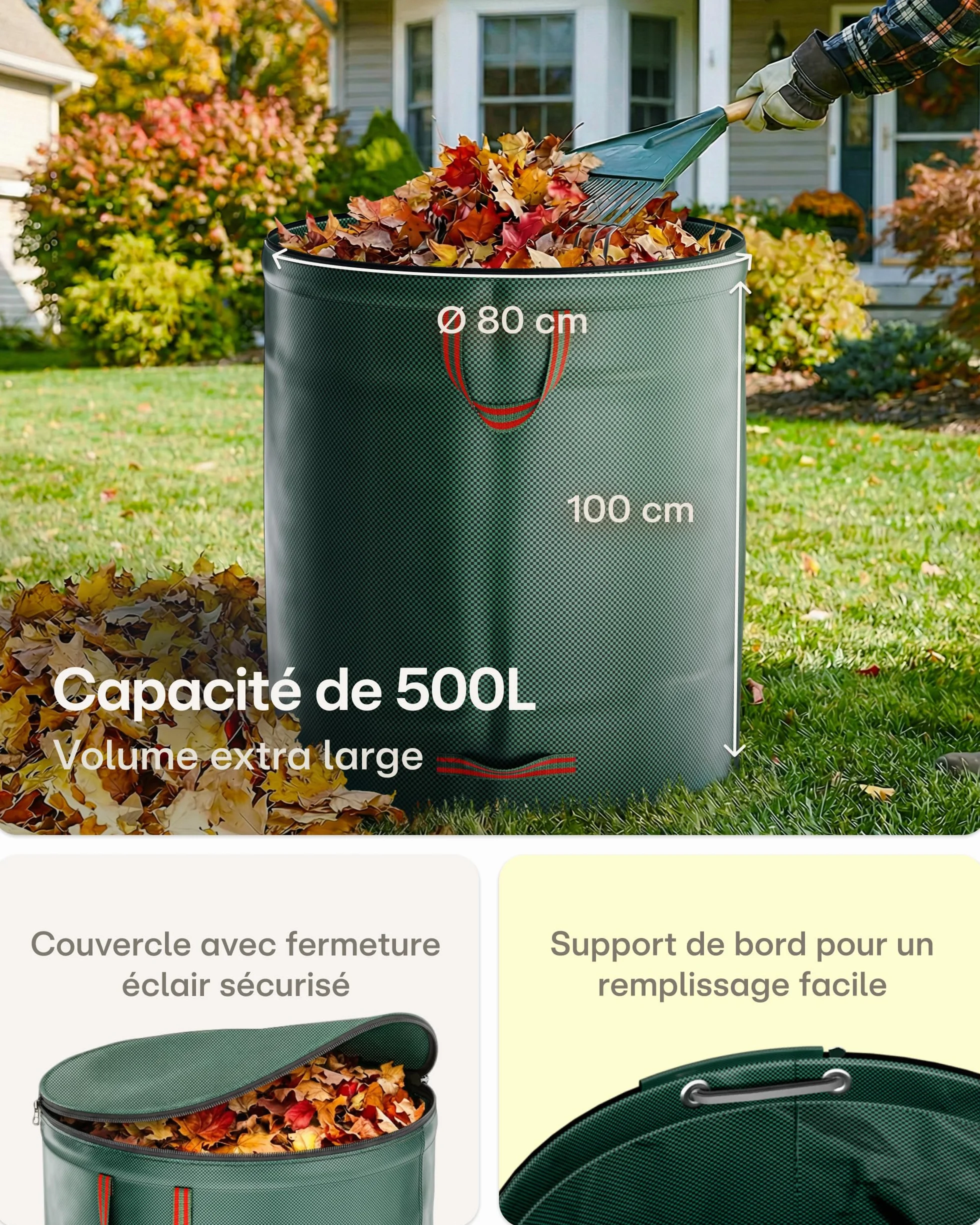 Sac Jardin Déchets Verts 500L avec Couvercle - Sac Jardinage Réutilisable 4 Poignées - Pliable