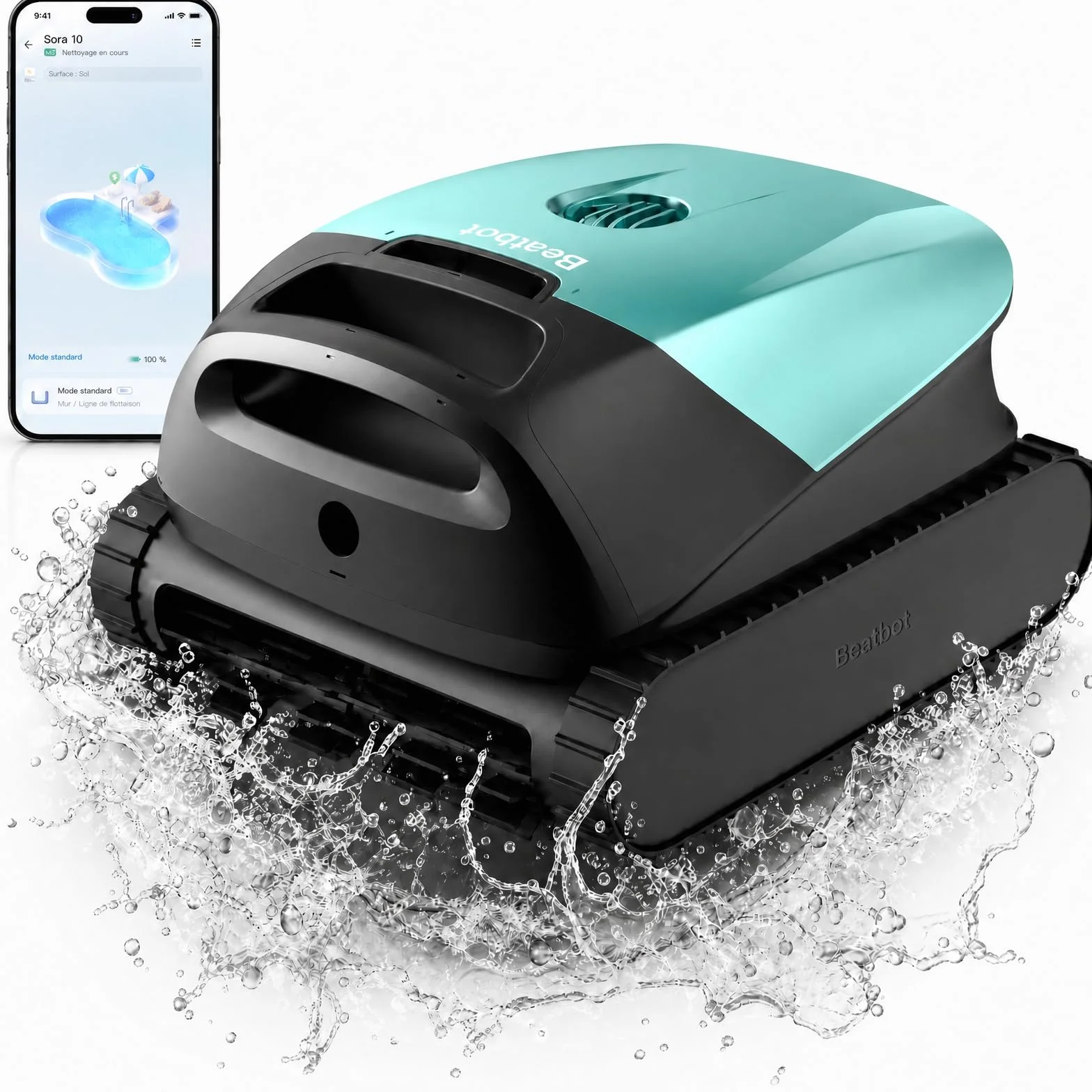 Beatbot Sora 10 Robot Piscine sans Fil 25700 LPH Fond Parois Ligne d'eau Plages Immergées Filtre 5L Spécial Feuilles 300 Min 300m² Vert