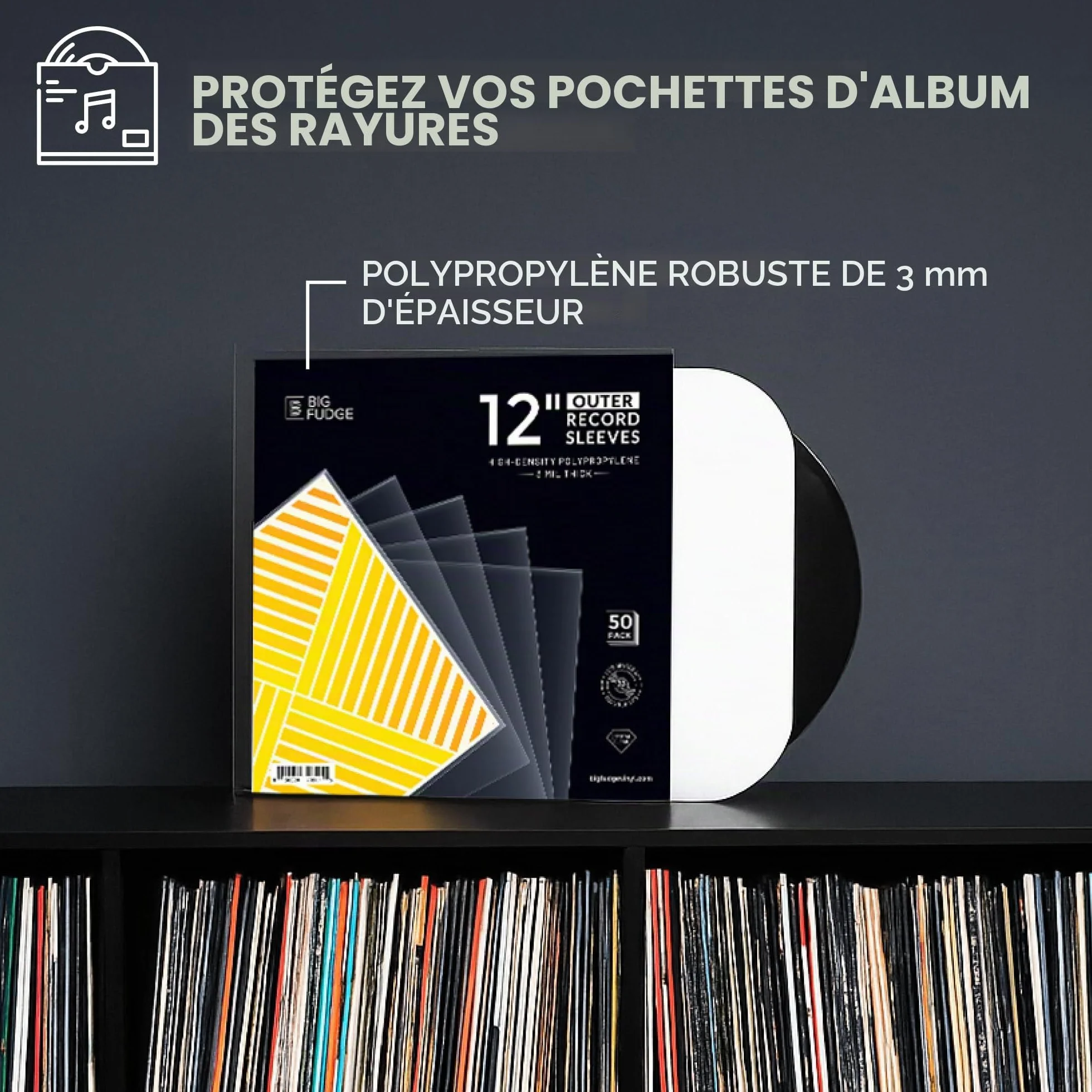 BIG FUDGE Pochettes Extérieures Vinyles 30cm x 50pcs Pochette Transparente Plastique 33 Tours 3 mil 30x30 cm