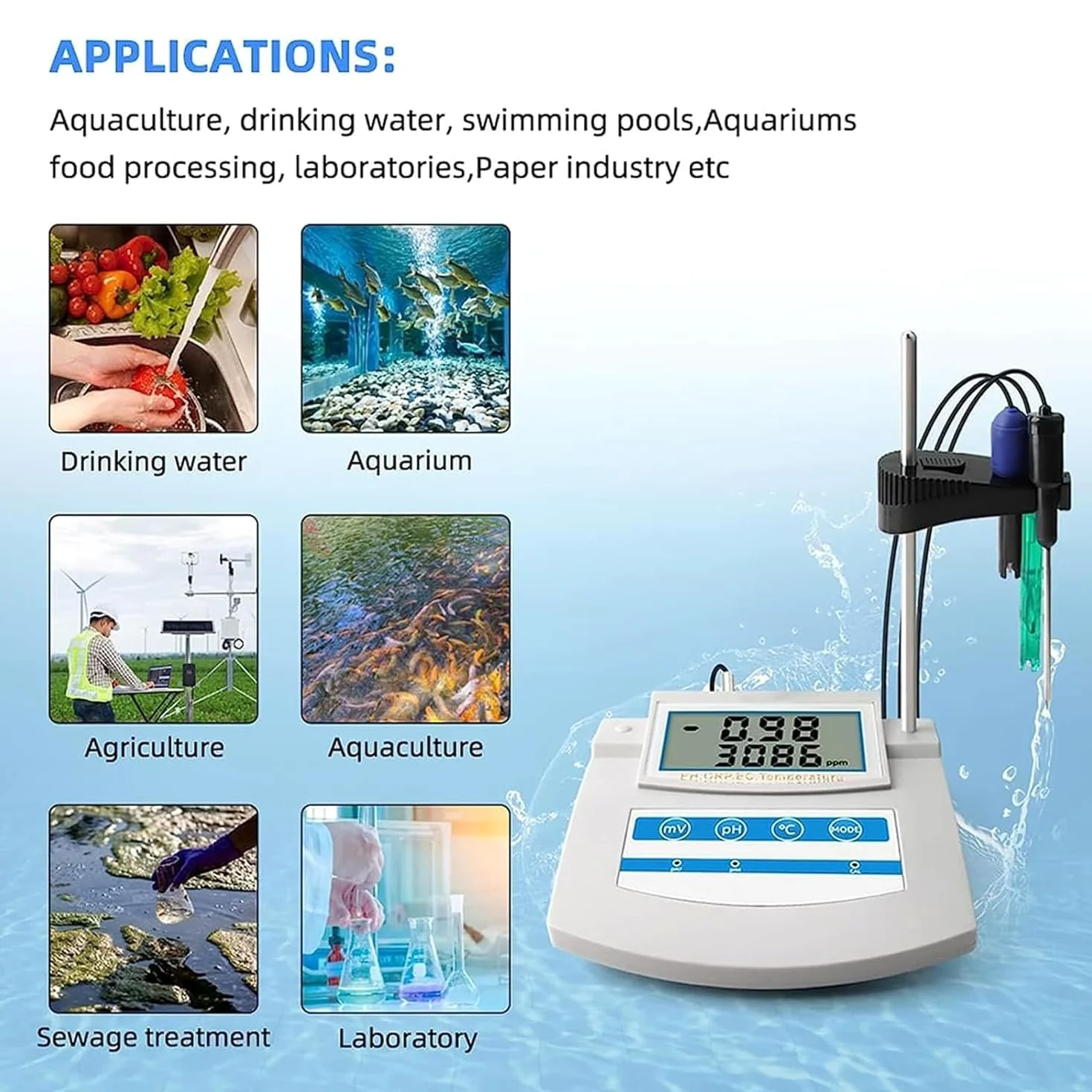 PH-mètre numérique pour laboratoire et aquarium, écran LCD, mesure 6 en 1 avec compensation de température et fonction TDS/EC/CF