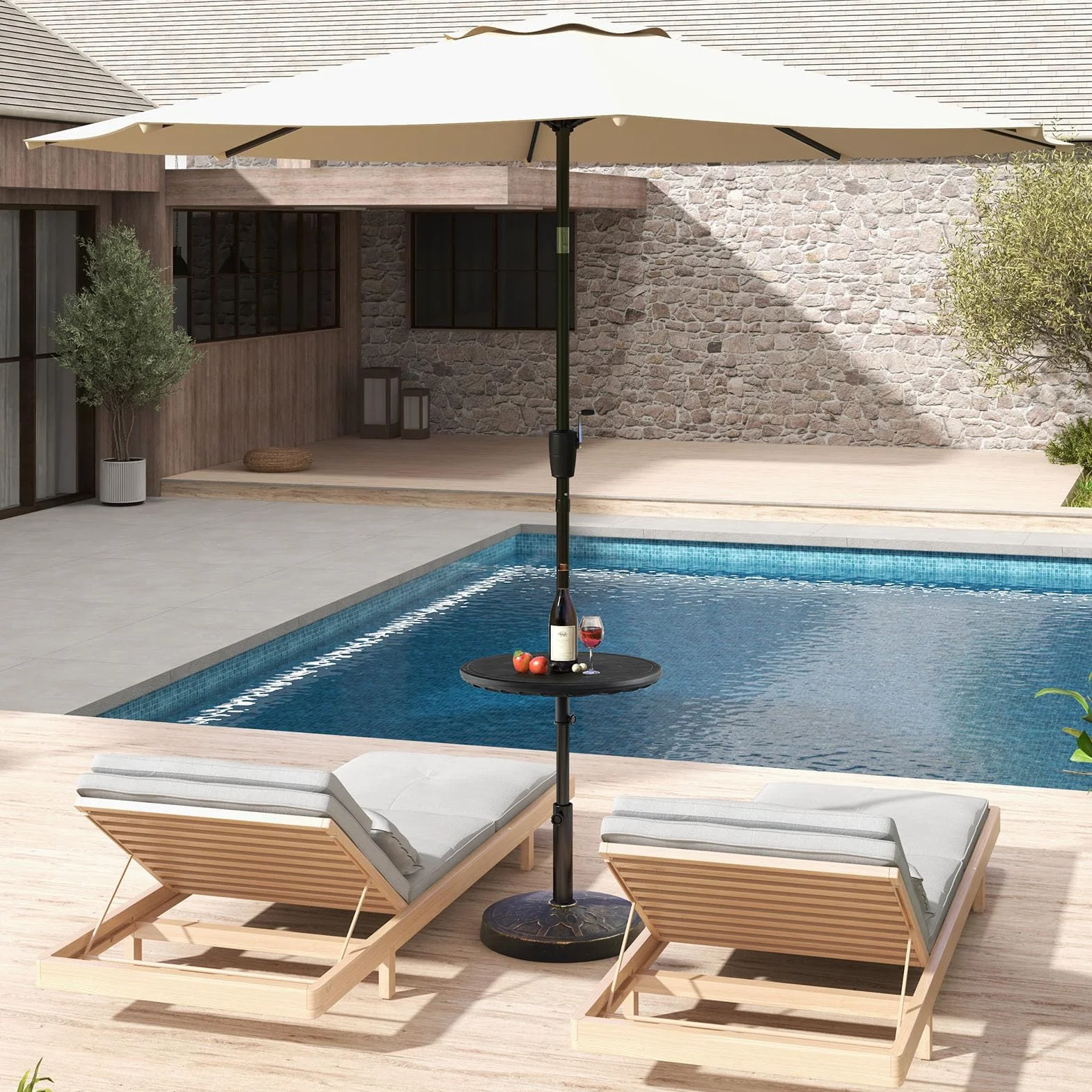 RELAX4LIFE Table de Parasol de Jardin Ronde Φ 50CM Hauteur Réglable Trou de Parasol 38 mm Plateau PE Imitation Grain de Bois Noir