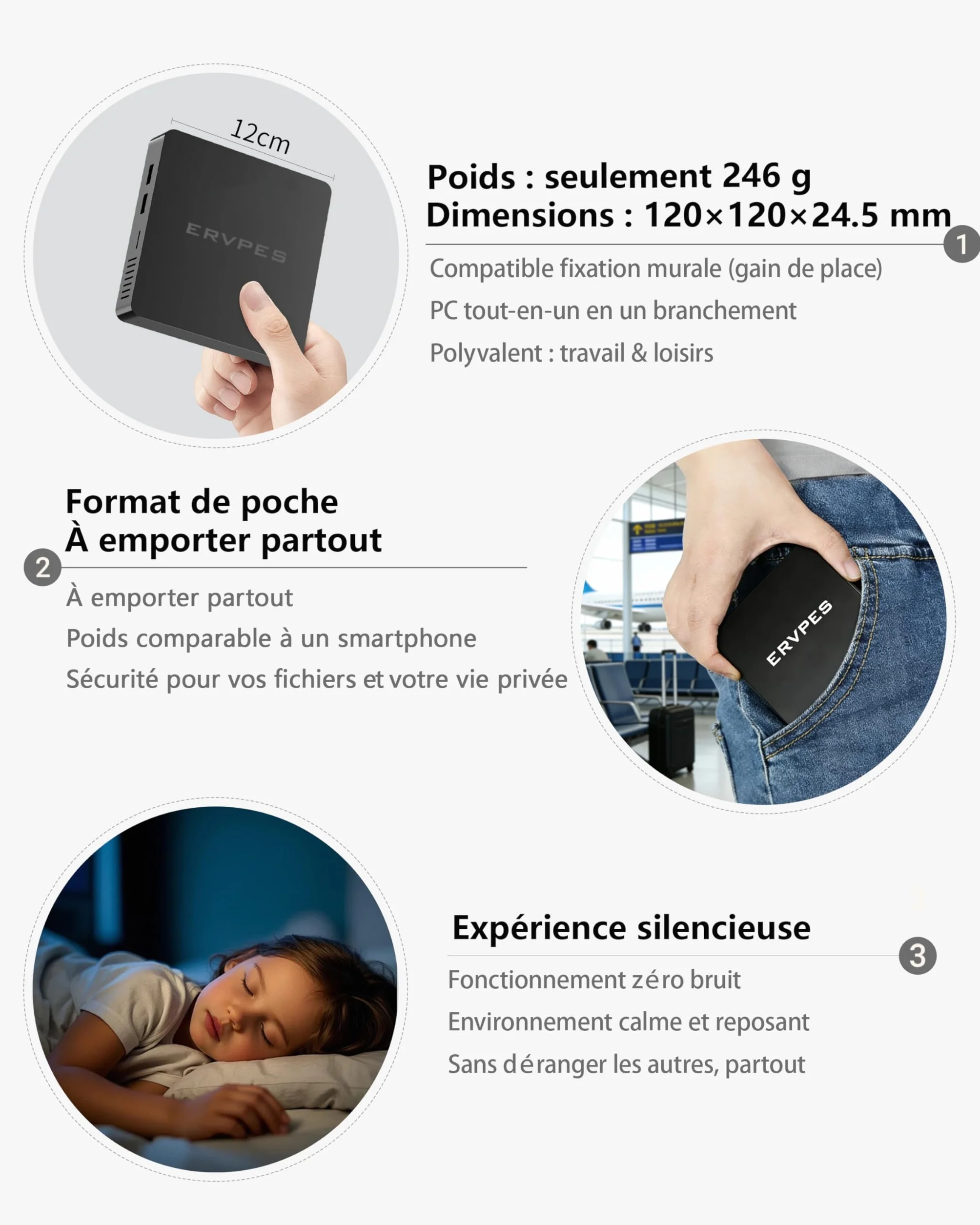Mini PC Pentium 6500Y 8GB LPDDR3 128GB SSD Windows 11 Pro 4K Double Écran WiFi5 BT5.0 Gigabit Ethernet USB3.2 VESA Silencieux