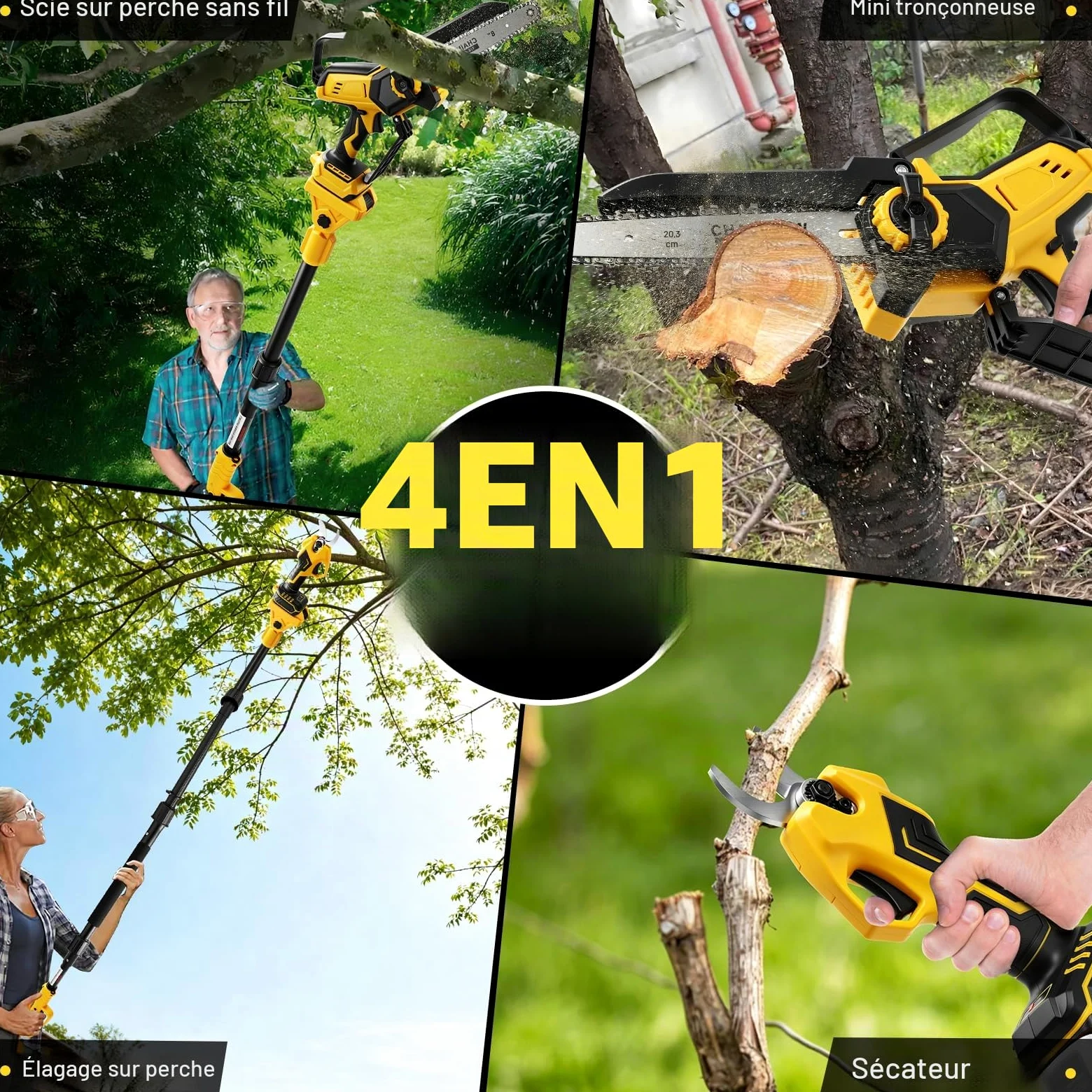 Mini Tronconneuse avec Perche 8 Pouces & Secateur Electrique 28 mm | Telescopique, pour Dewalt 18 V, 20 V Batterie, 4 en 1 Élagueuse sur Perche, Portée Maximale 4,5 m