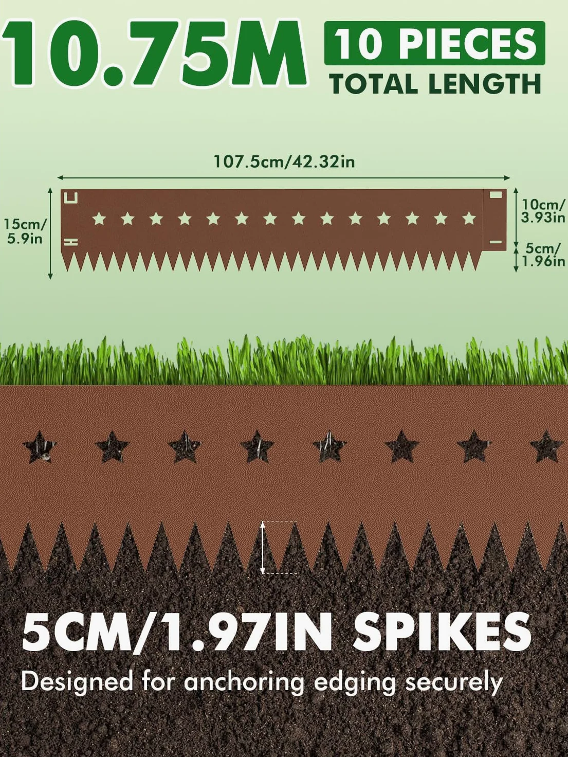 10 Pièces 10.75M Bordures de Jardin Métal,Hauteur 15cm Flexible Bordure de Pelouse,Résistantes aux Intempéries,Résistante à la Rouille,Style Star Bordures pour Cour, Jardin, Pelouse