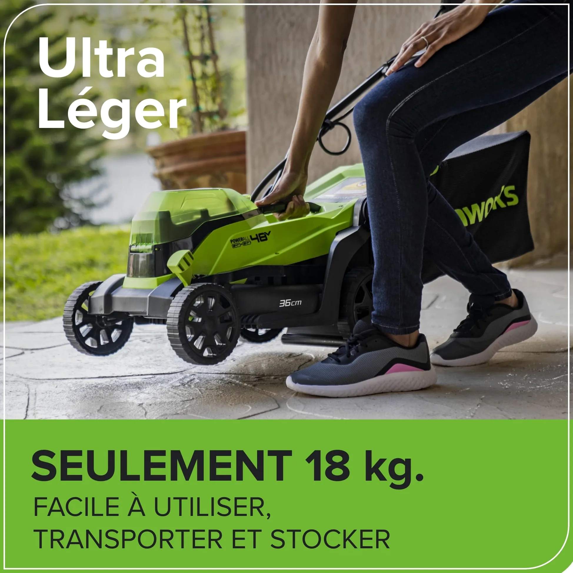 Greenworks 48V (24V x 2) Tondeuse à gazon sans fil , 36cm largeur jusqu'à 200m² ,40L Sac de Ramassage avec batterie 2x2Ah et chargeur à double fente, Garantie 3 Ans, GD24X2LM36K2x