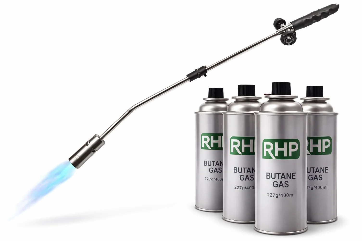 Brûleur à mauvaises herbes RHP 80 cm, avec 4 cartouches de butane 227 g, allumage piézoélectrique, flamme 1000 °C
