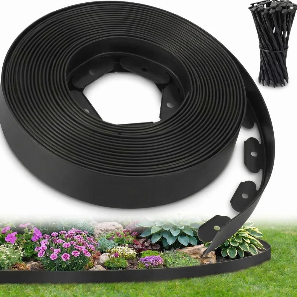 Bordure Jardin extérieur 20 m Flexible Plastique 5 mm Noir avec 60 piquets