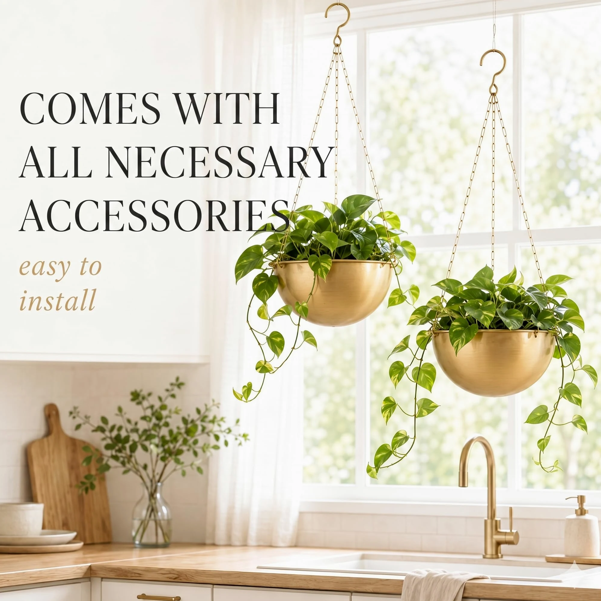 AceList Lot de 2 jardinières dorées à suspendre pour plantes d'intérieur – 24 cm – Suspension bohème en métal avec crochets, support de plante suspendu pour fenêtre et plafond