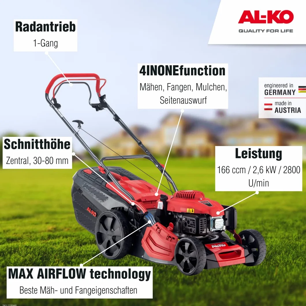 AL-KO 119946 Tondeuse à Essence Premium 470 SP-A, 46 cm lergeur de Coupe, 2.6 KW Puissance Moteur, pour Surface de Gazon jusqu'à 1.400 m², avec entraînement des Roues arrières, Fonction 4en1