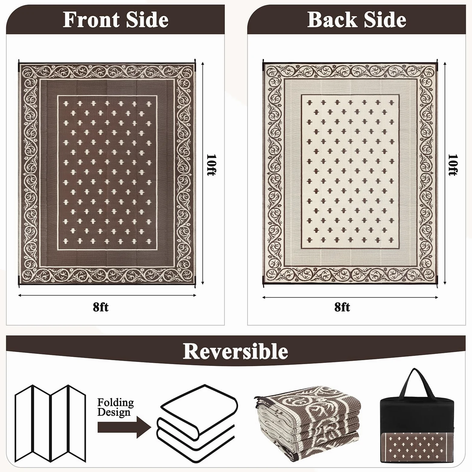 Pauwer Tapis d'extérieur imperméable de 2,4 x 3 m pour patio, tapis réversible avec paille en plastique, tapis d'intérieur et d'extérieur pour camping-car, pique-nique, jardin, terrasse, balcon,
