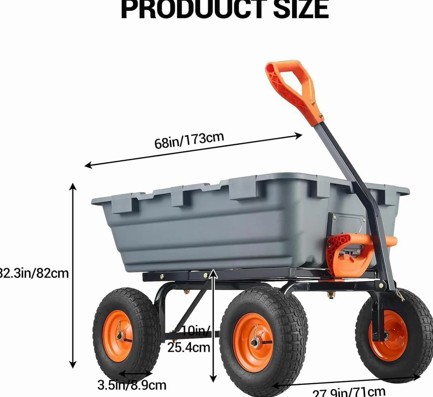 Brouette de jardin de 800 lbs avec fonction basculante, 4 roues avec pneus pneumatiques de 10", bac en polypropylène, poignée réglable en hauteur, inclinable, pour jardin, cour, transport, bois, terre