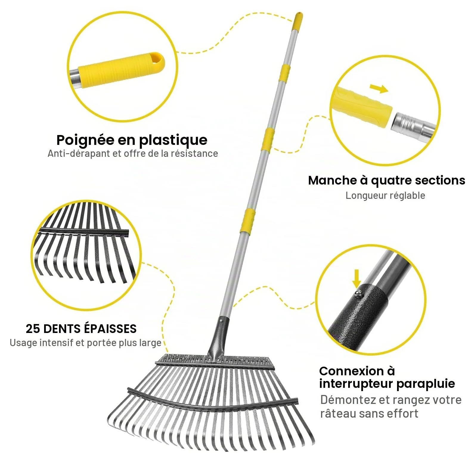 Stanew Râteau à Feuilles de Jardin, Râteau à Feuilles avec Manche Télescopique avec 25 Dents, Kit de Outillage de Jardin pour Ramasser Les Feuilles ou l'herbe Coupée (Longueur de la Tige 165CM)