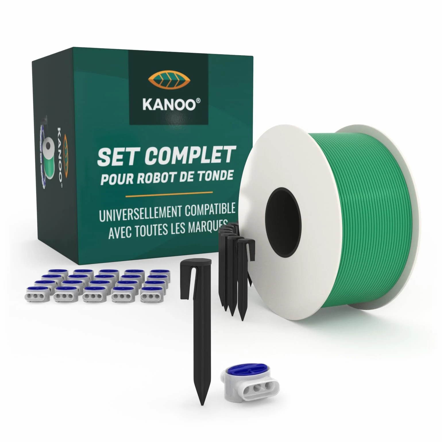kanoo® Kit d'installation pour robot tondeuse avec câble de délimitation de 150 m + 300 piquets + 20 connecteurs de câble